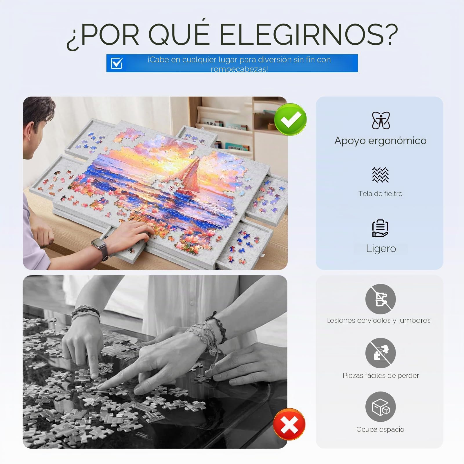 1000 Piezas Mesa de Rompecabezas con 6 Cajones, Mesa de Puzle Portátil, Puzzle Board de Fieltro Ligero, Rompecabezas de Caballete para Niños y Adultos (Gris)