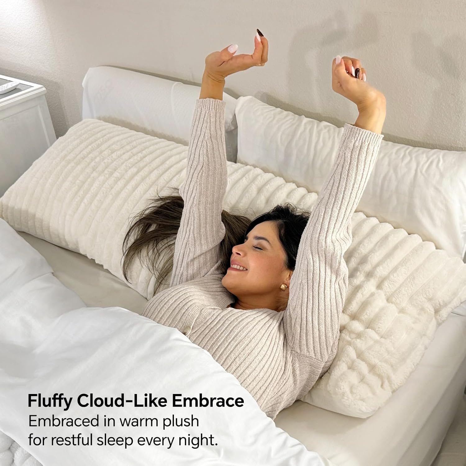 BEDELITE Fluffy Faux Fur Body Pillow Cover with Zipper, Luxury Plush 3D Striped Pillow Cover 20x54 Inches, Super Soft and Cozy Long Body Pillow Pillowcase for Bed Sofa Couch Room Decor(Cream White) - Image 3