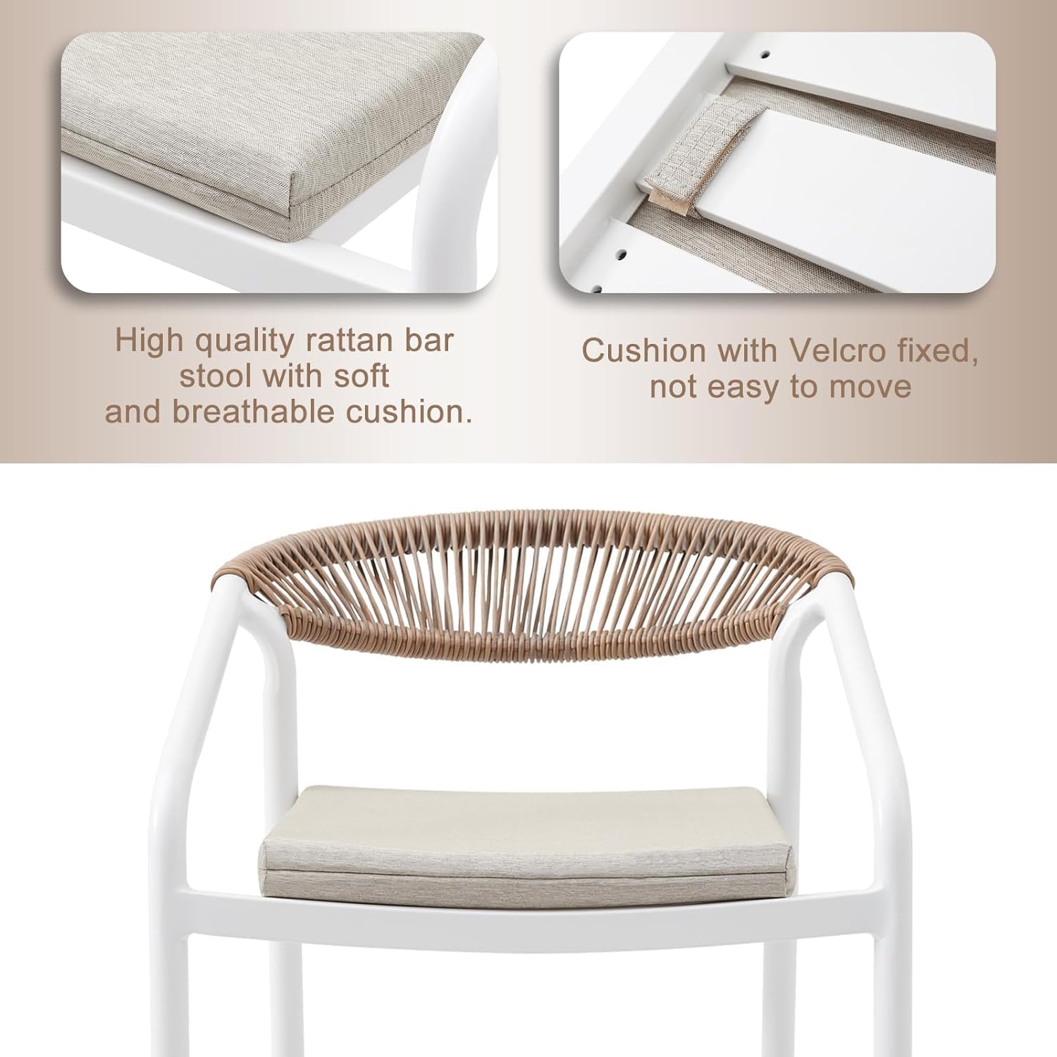 Outdoor Bar Stools Set (2-Piece),Aluminum Frame with Rattan-Woven backrest Padded Modern bar stools Ideal for Patio, Balcony, Poolside, and Outdoor Decor Bar stools (White)