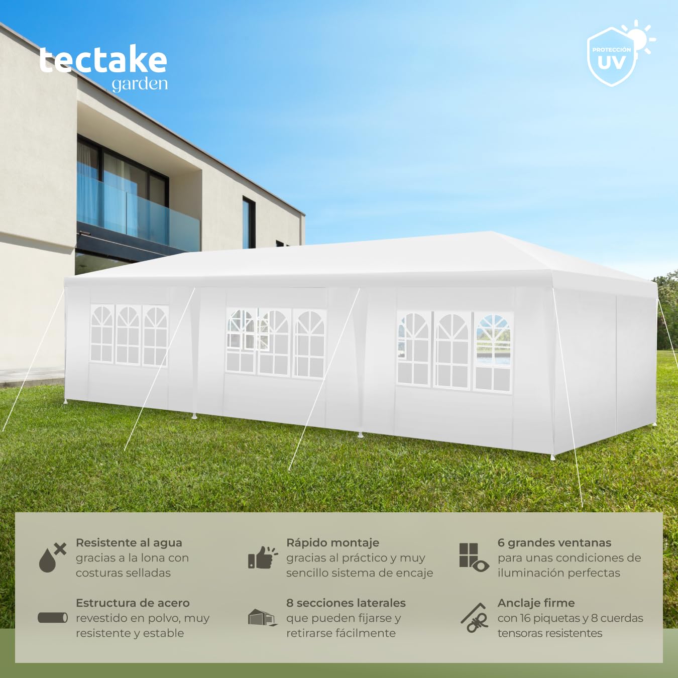 tectake® Carpa Desmontable, con 8 Paneles Laterales Desmontables, Protección a la Intemperie, Cenadores para Jardin, Playa, Cuerdas Tensoras y Piquetas, Carpas para Exteriores - 9x3 m Blanco