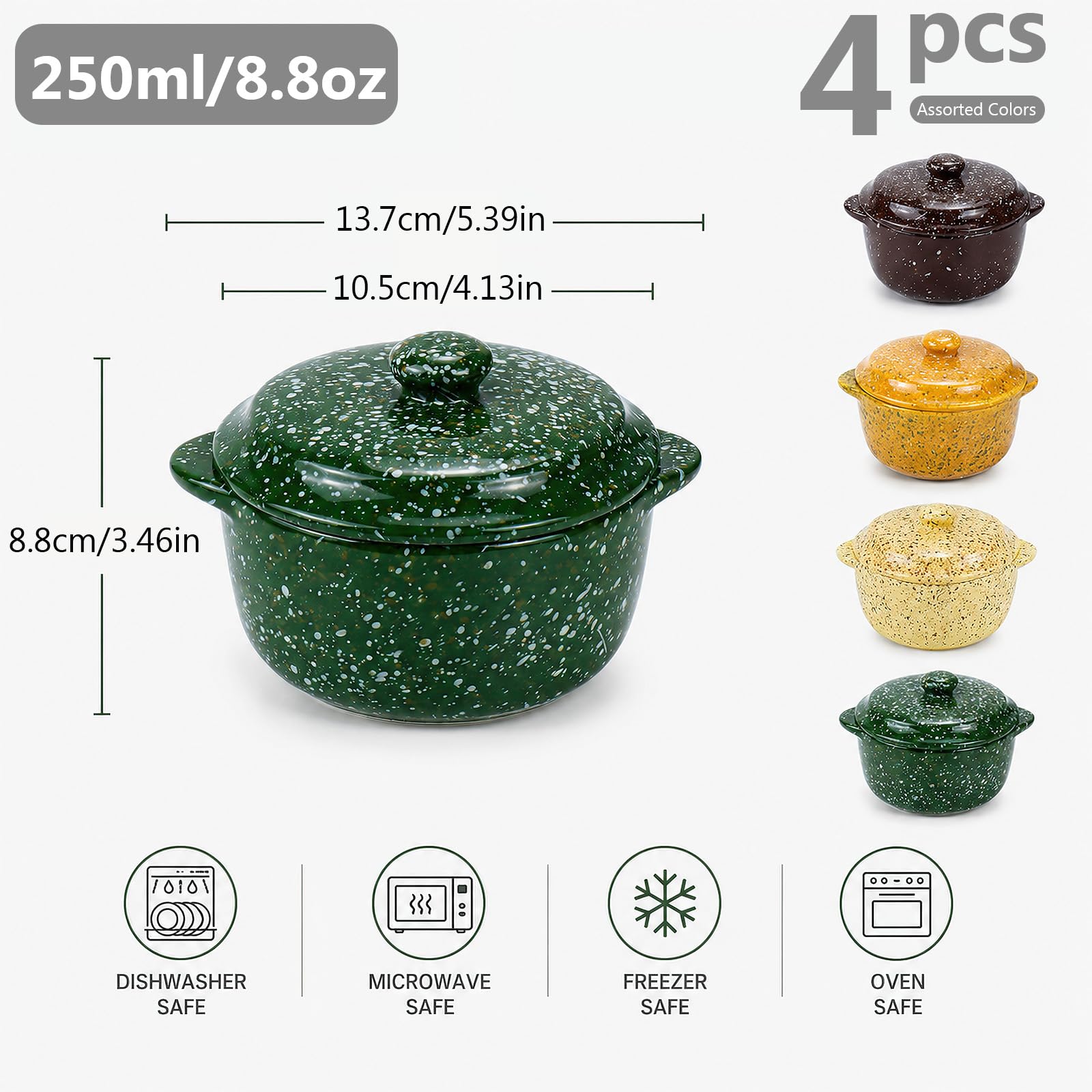 Confezione da 4 mini cocotte in ceramica con coperchio, pirottini da 283,5