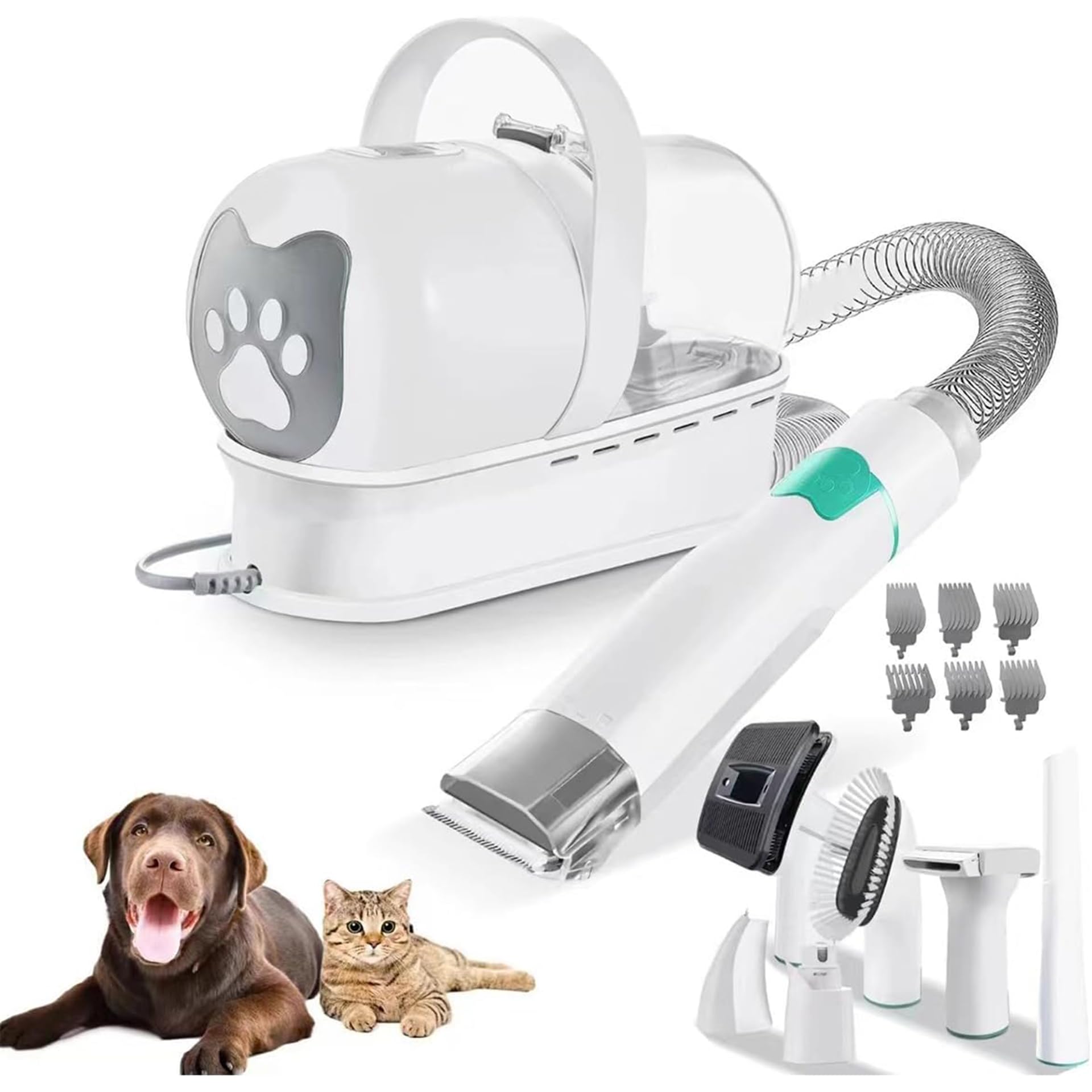 Kit de Aseo para Mascotas 7 en 1 con Aspiradora, Cortapelos para Perros con Depósito de Polvo de 1 L y 13 Peines Profesionales Depilador para Mascotas para Perros y Gatos con Muda Gruesa y Fina