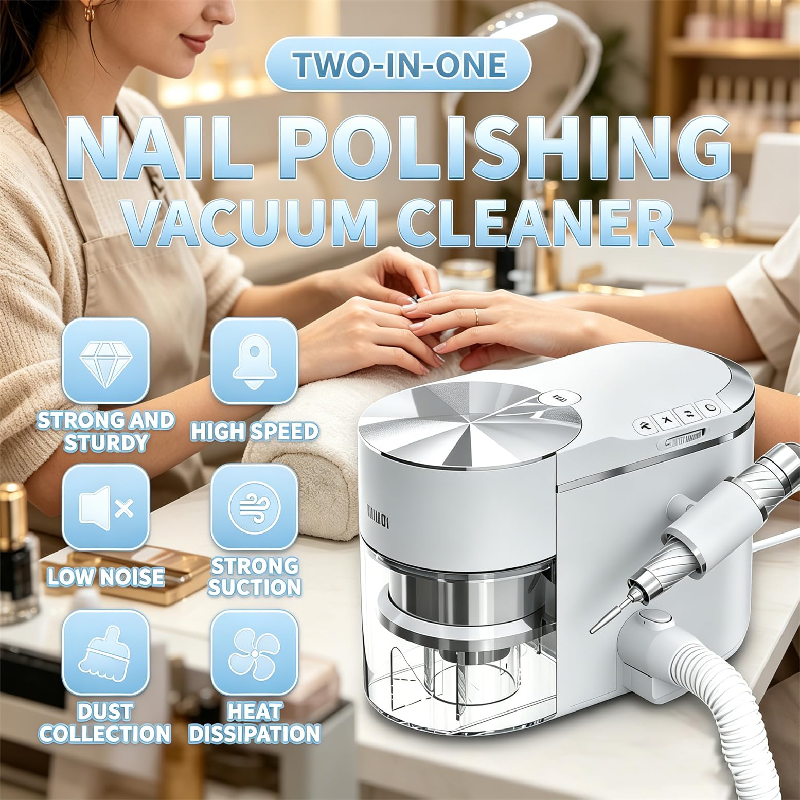 Frezarka Do Paznokci I Odkurzacz 2 W 1, Przenośna Polerka Do Paznokci, Cichy Odkurzacz Do Paznokci Z Wydajnym Odkurzaczem Do Manicure, Regulowana Siła Ssania, Do Salonów Kosmetycznych