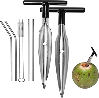 NINEFATICS 2 Pack Coconut Opener Set with Reusable Stainless Steel Straws, Food Grade Coconut Opener for Safe Opening of Y...