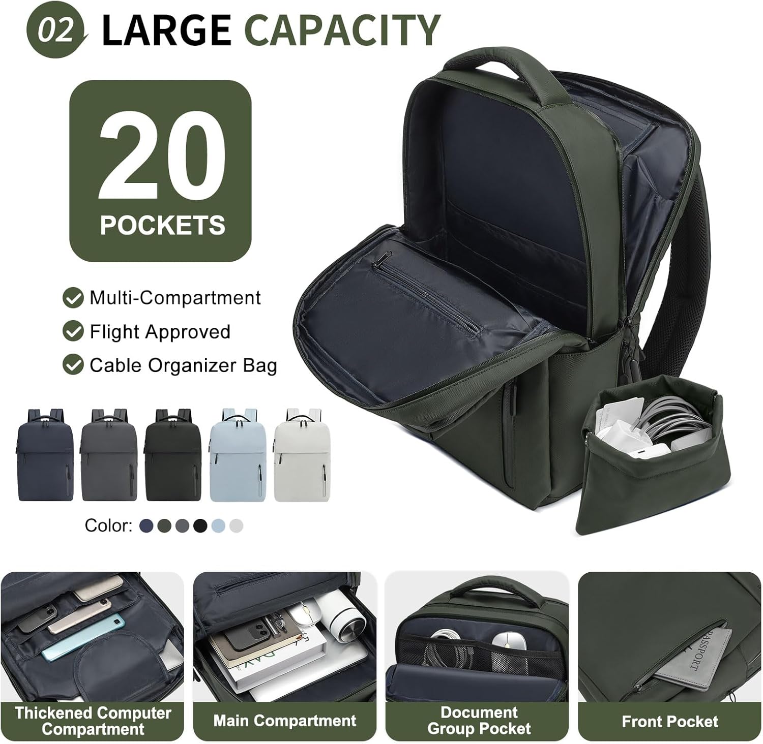 Lightweight 20L Commute Backpack for Men & Women, Water-Resistant Travel Daypack with 15.6-Inch Laptop Compartment & Anti-Theft Pockets, Dark Green