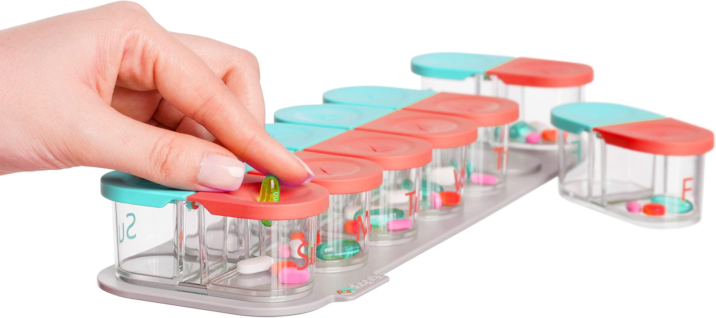 Sagely Smart XL Weekly Pill Organizer AM/PM - Medicine Storage Organizer with Reminder Alarm App (Large Enough to Fit Fish Oil, Cod Liver Oil, Vitamin D Supplements & Vitamins) (Mint Blue/Coral)