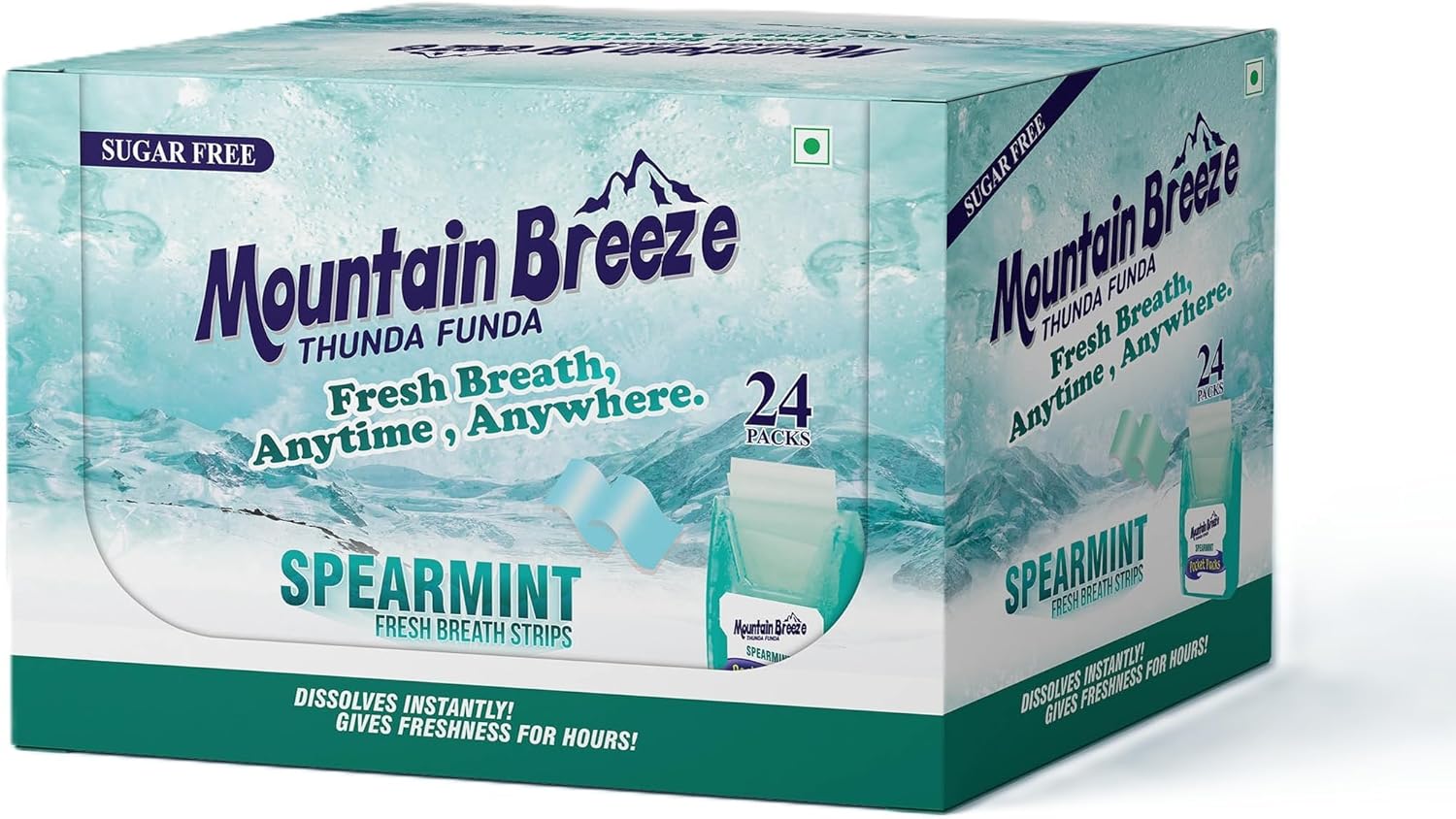 Mountain Breeze Oral Hygiene Mouth Freshener Sugar Free Spear Mint Flavoured Breath Strips (24 Strips Each Cassatte)-Pack of 24