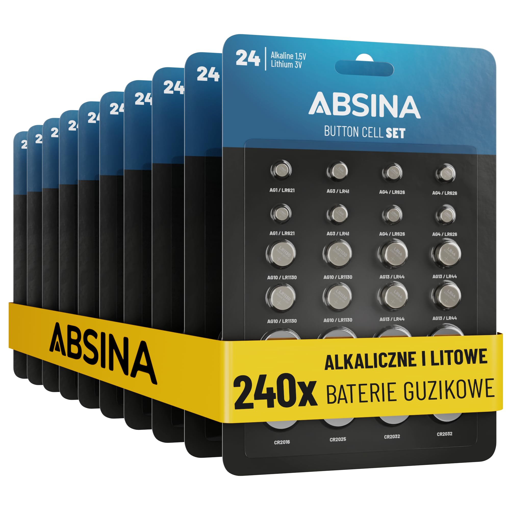 ABSINA Zestaw 240 baterii guzikowych alkalicznych i litowych - 20x AG1 LR621, AG3 LR41, CR2016, CR2025 / 40x AG4 LR66, AG10 LR1130, AG13 LR44, CR2032-1,5V i 3V baterie guzikowe zabezpieczone przed