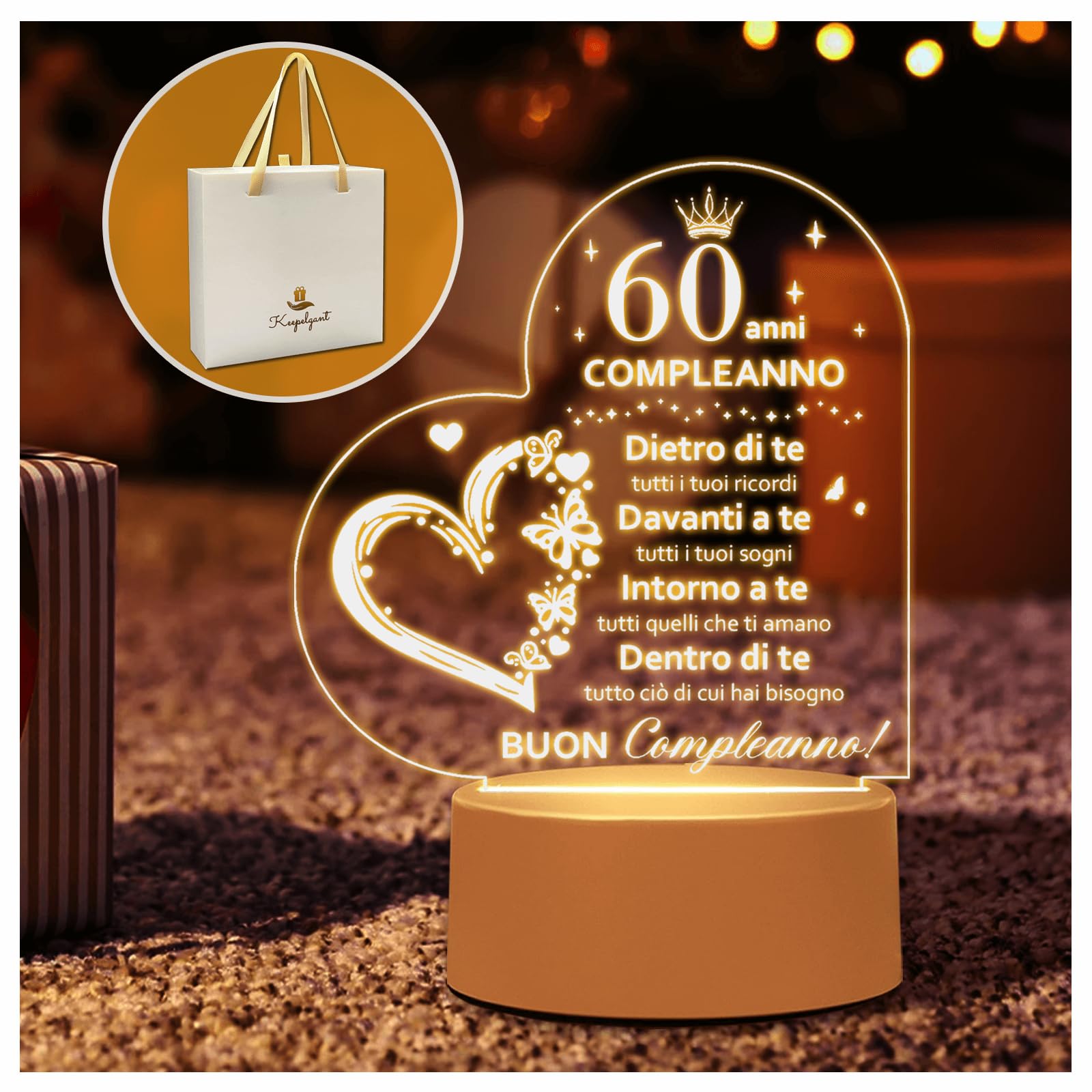 Keepelgant 60 Anni Compleanno Donna, Luce Notturna in Acrilico, Regalo 60 Anni Donna, Regalo Donna 60 Anni, Regali 60 Anni per Mamma, Moglie, Nonna e Amica, Regali di San Valentino