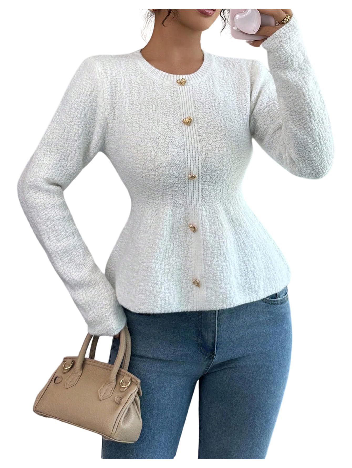 SHENHE Womens Fall Crew Neck Peplum Sweater Gold Button Dressy Knit Jumper Sweater