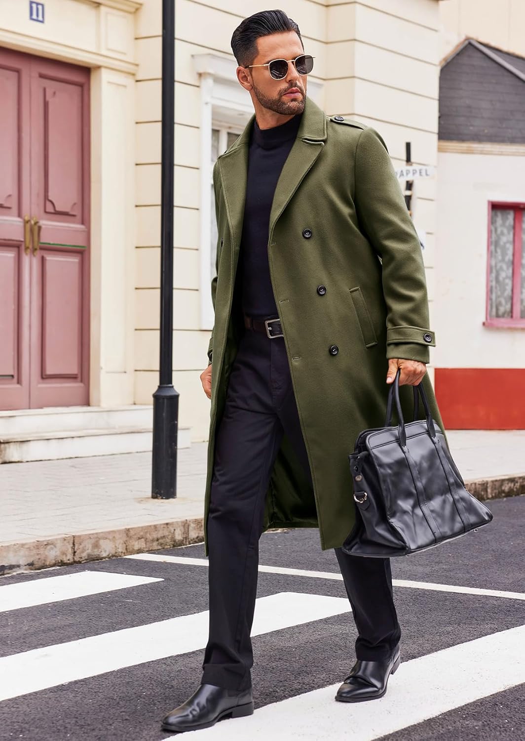 Runcati Mens Double Breasted Trench Coat Notched Lapel Long Peacoat Classic Casual Winter Overcoat - Image 5