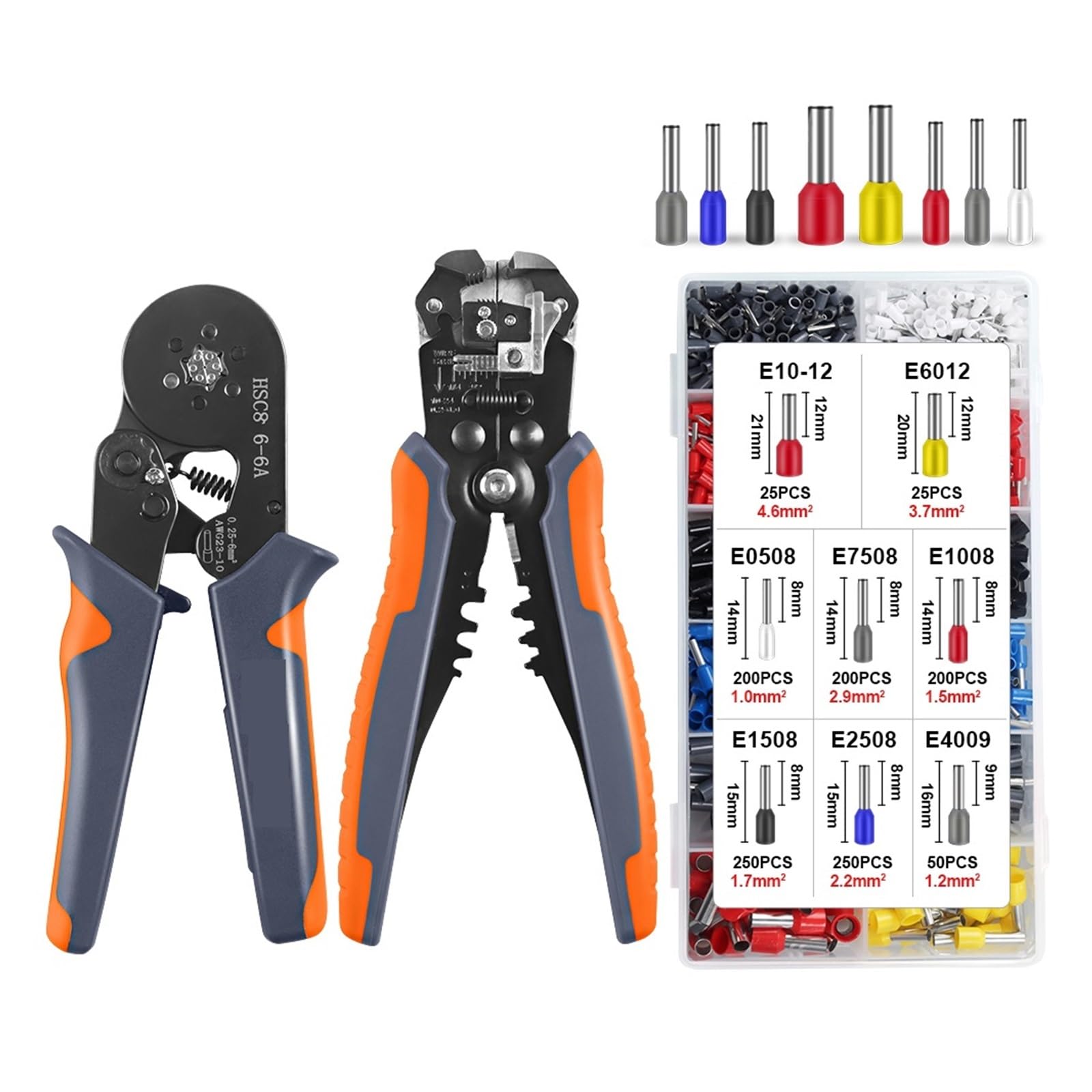 Utensile Crimpare Terminali For Cavi Isolati Pinza Crimpatrice For Puntali A Cricchetto HSC8 6-6A - Spelafili 24-10AWG, Kit For Piegatura Terminali For Cavi Precisione Affidabile(6-6A YQ 1200PCS)
