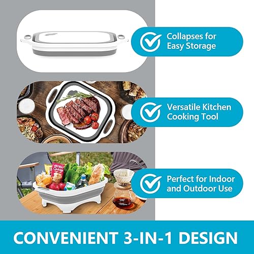 Vista 8 de HI NINGER Tabla de cortar plegable, tabla de cortar para acampar con cuchillo, cesta multifuncional para lavar verduras de cocina, tina de silicona