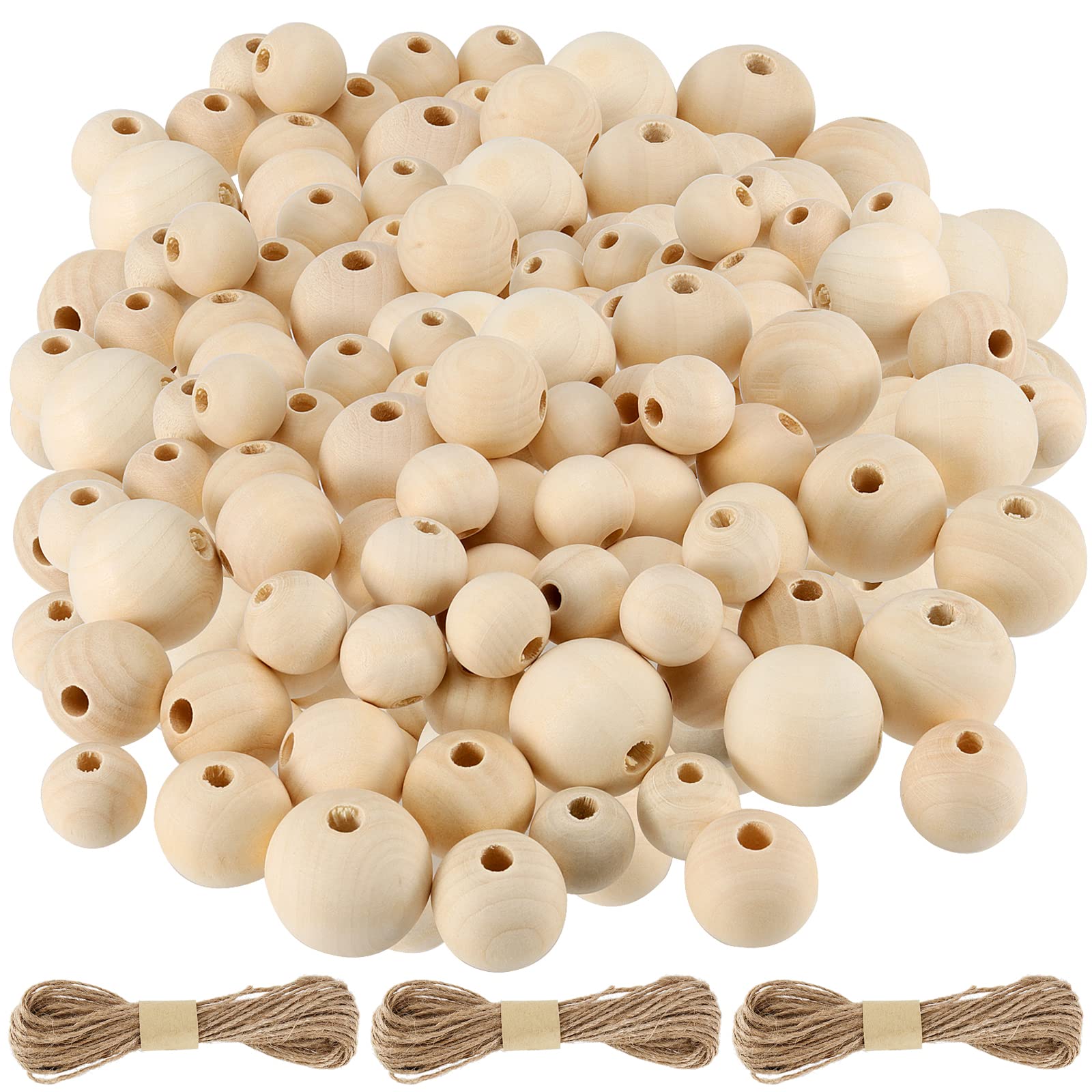 Set di 300 perline rotonde in legno, 20 mm, 25 mm, 30 mm, kit di perline sfuse in legno naturale con filo, perline distanziali in legno non finite per artigianato, fai da te