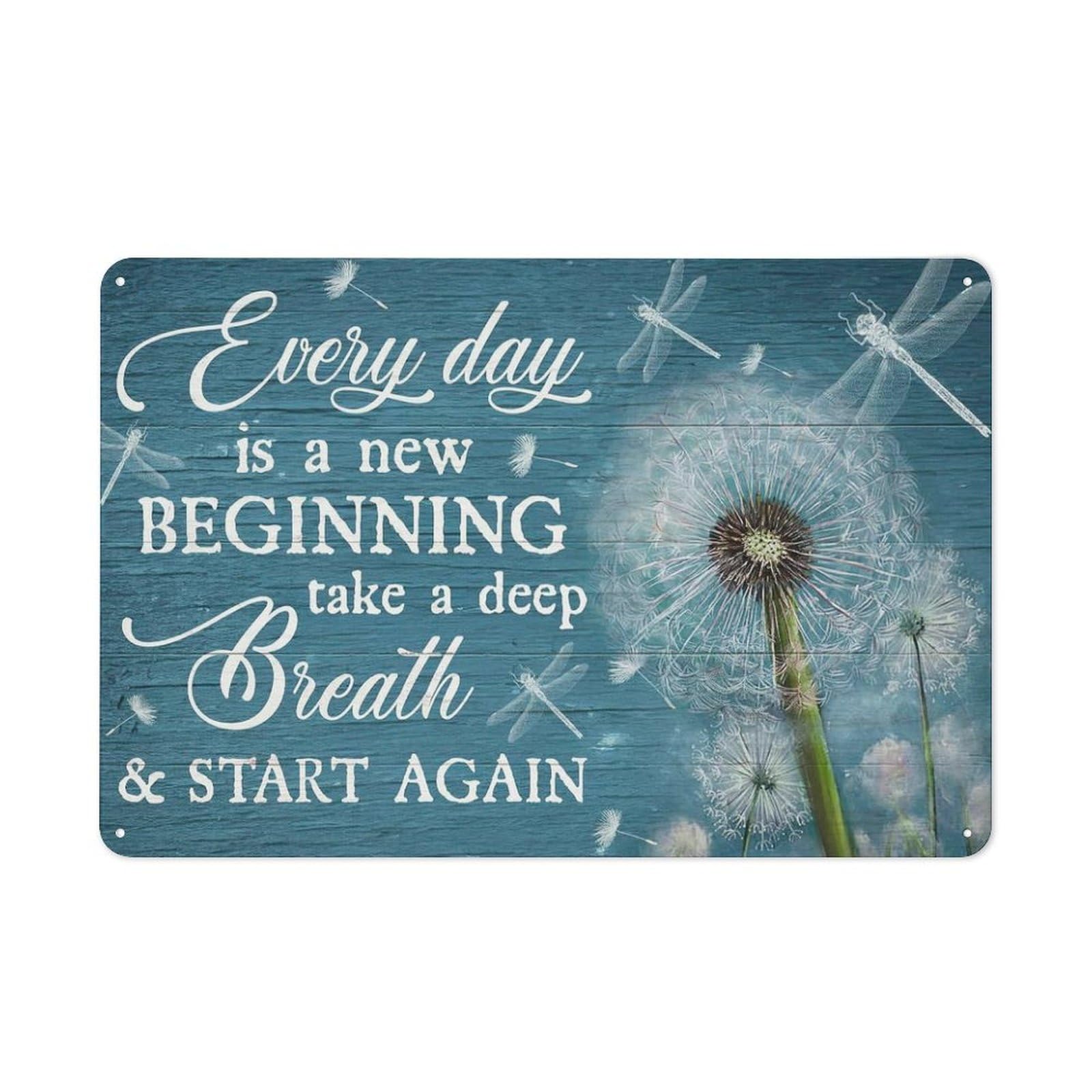 kisoyo Rustic Metal Tin Sign Everyday Is A New Beginning Wall Art Prints, Dandelion, Dragonfly, Jesus Christ Wall Art Picture Artword For Home Bedroom Living Room 8x12 Inch