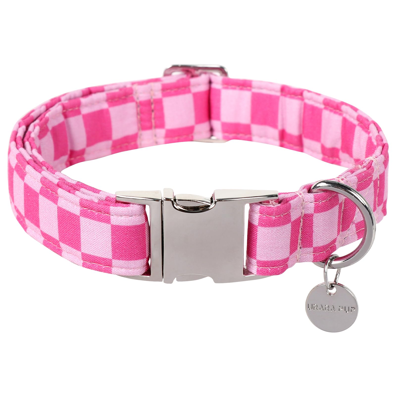 Dog Collar for Summer,Cute Pink Plaid Dog Collar,Cotton Puppy Collar with Adjustable Metal Buckle for Small,Medium,Large Girl Boy Dog
