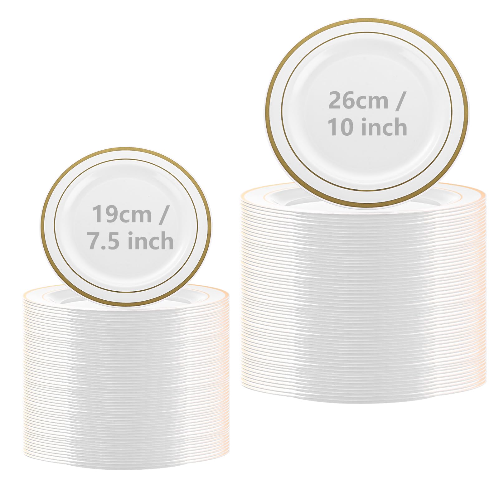 SENENQU 50 Pack Reusable Plastic Plate, 7 inch / 10 Inch Plastic Party Plates with Gold Rim, Unbreakable Dinner Plates for Weeding Birthday Party Catering