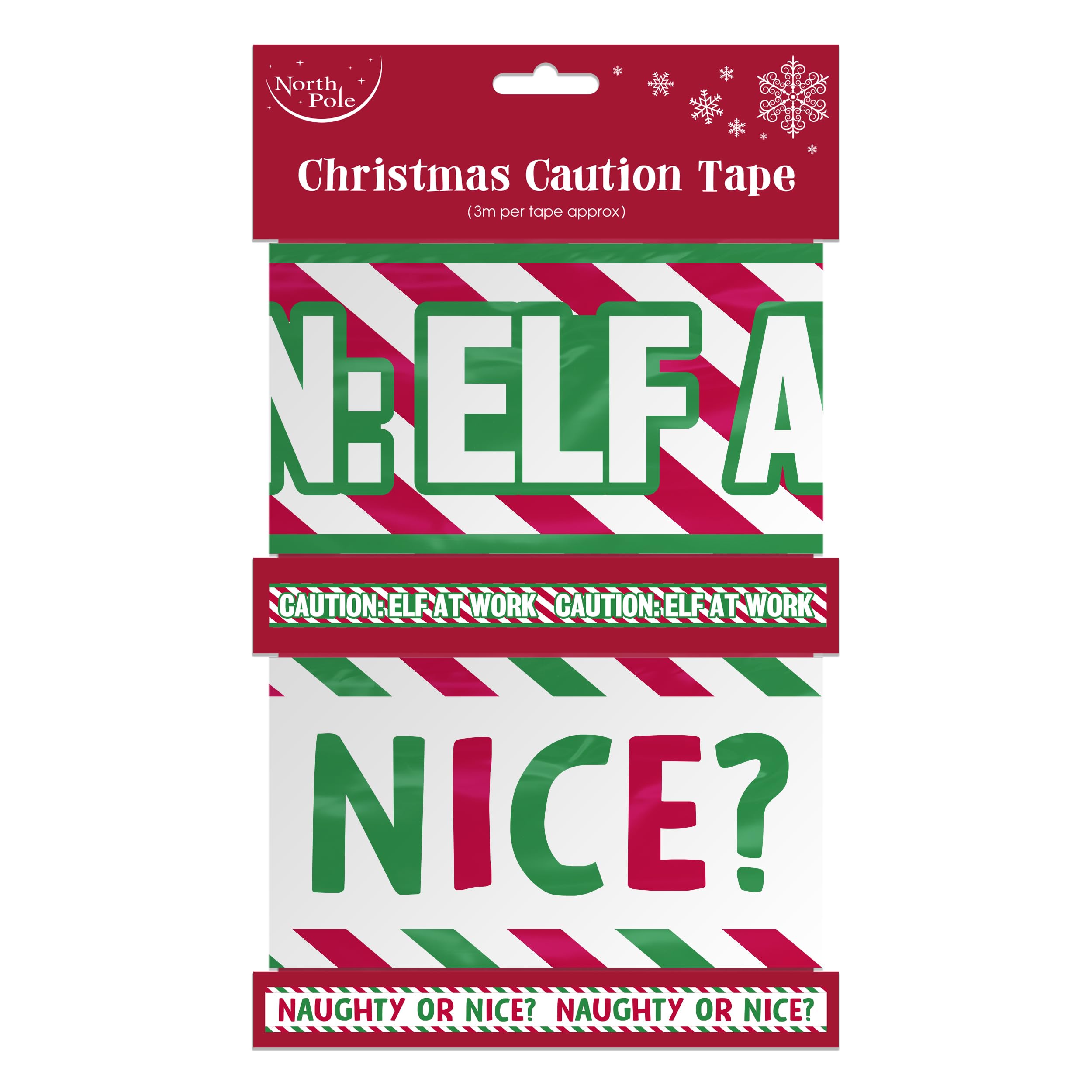 Eurowrap Multicolour Assorted Christmas Elf Warning Tape 3M Pack Of 2 – Caution Elf At Work & Naughty Or Nice Design, Festive Holiday Party Decoration, Xmas Elf Zone Plastic Tape