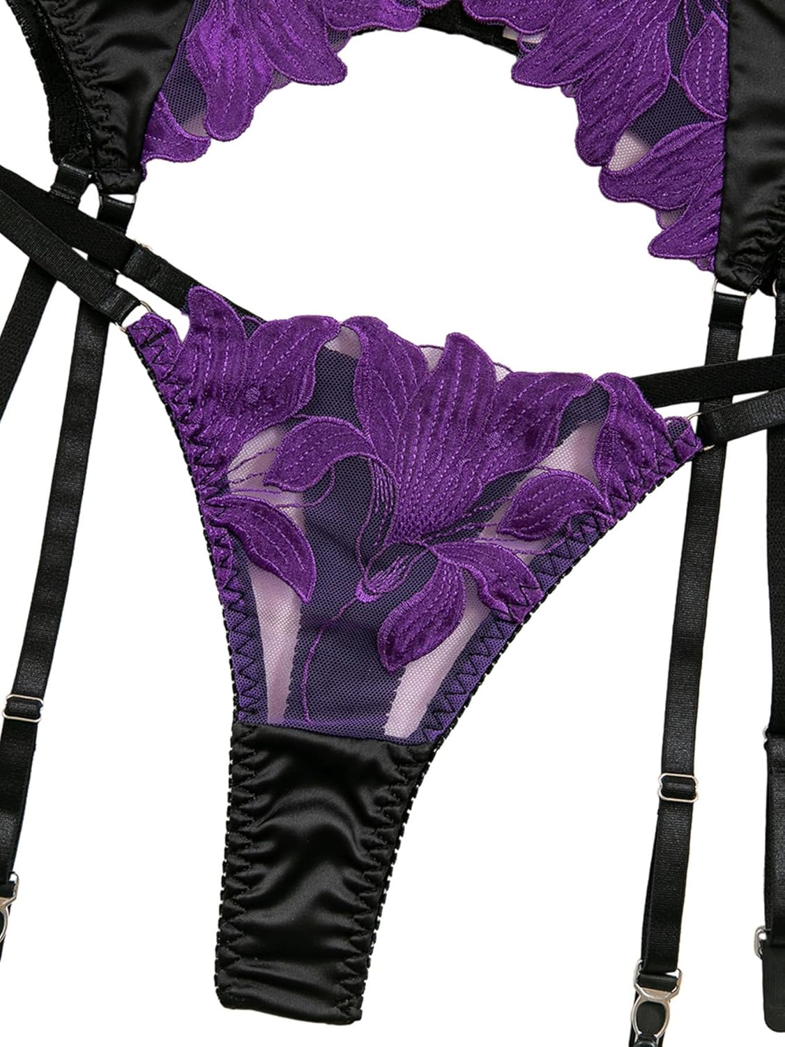 Lilosy Sexy Leaf Floral Embroidered Mesh Sheer Women Underwire Push Up Lingerie Set
