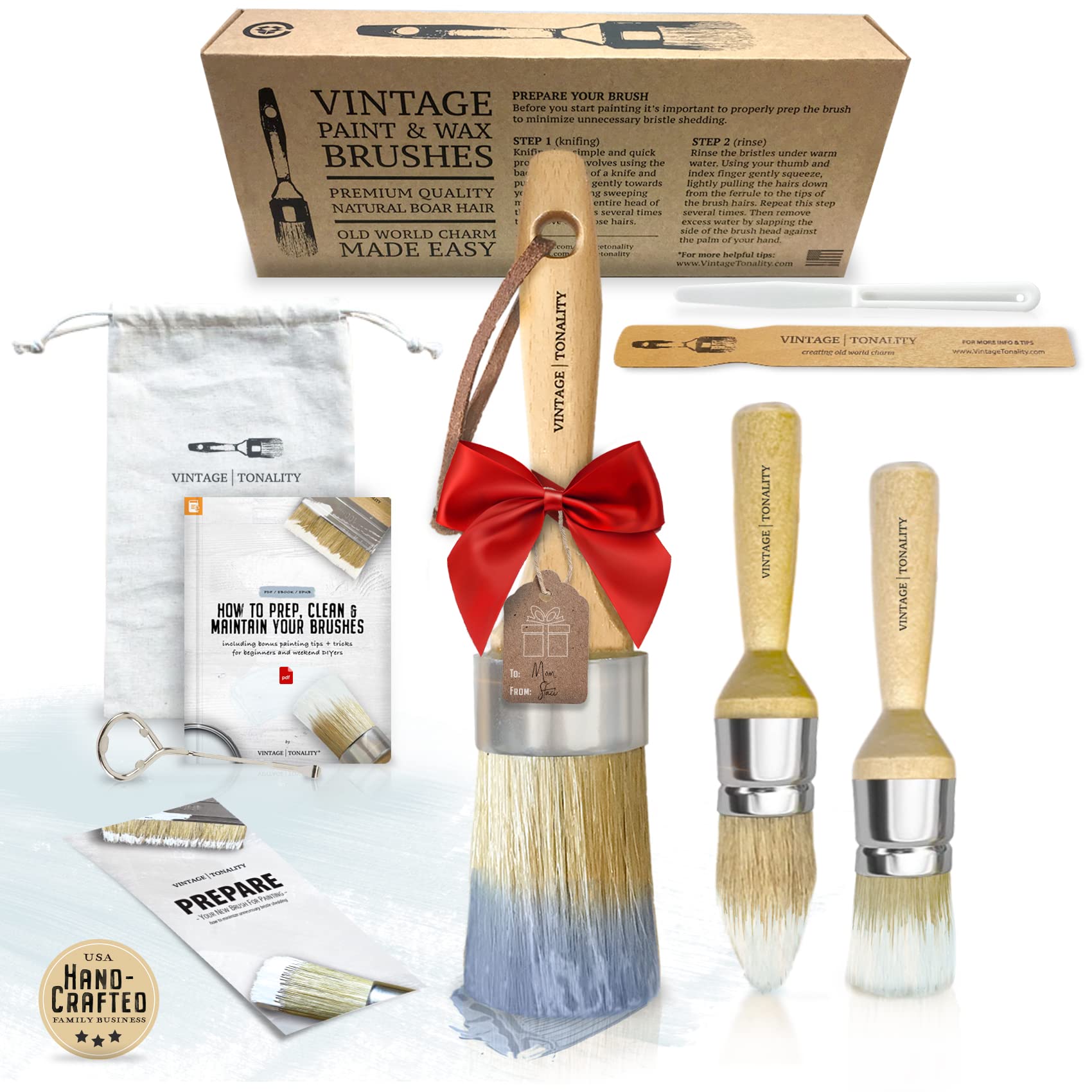 Vintage Tonality Vintage Tonality Chalked Paint Brush Set for Furniture 3 Brushes Large Small Round Pointed Natural Boar Hair Bristles for Clear Wax, Stencil and Milk Paint