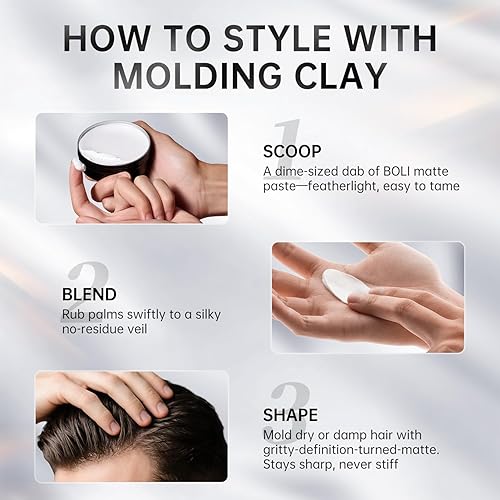 Miniatura 5 de BOLI Arcilla capilar para hombres, pomada de sujeción fuerte durante todo el día, acabado texturizante y mate, pasta de peinado para cabello medio,