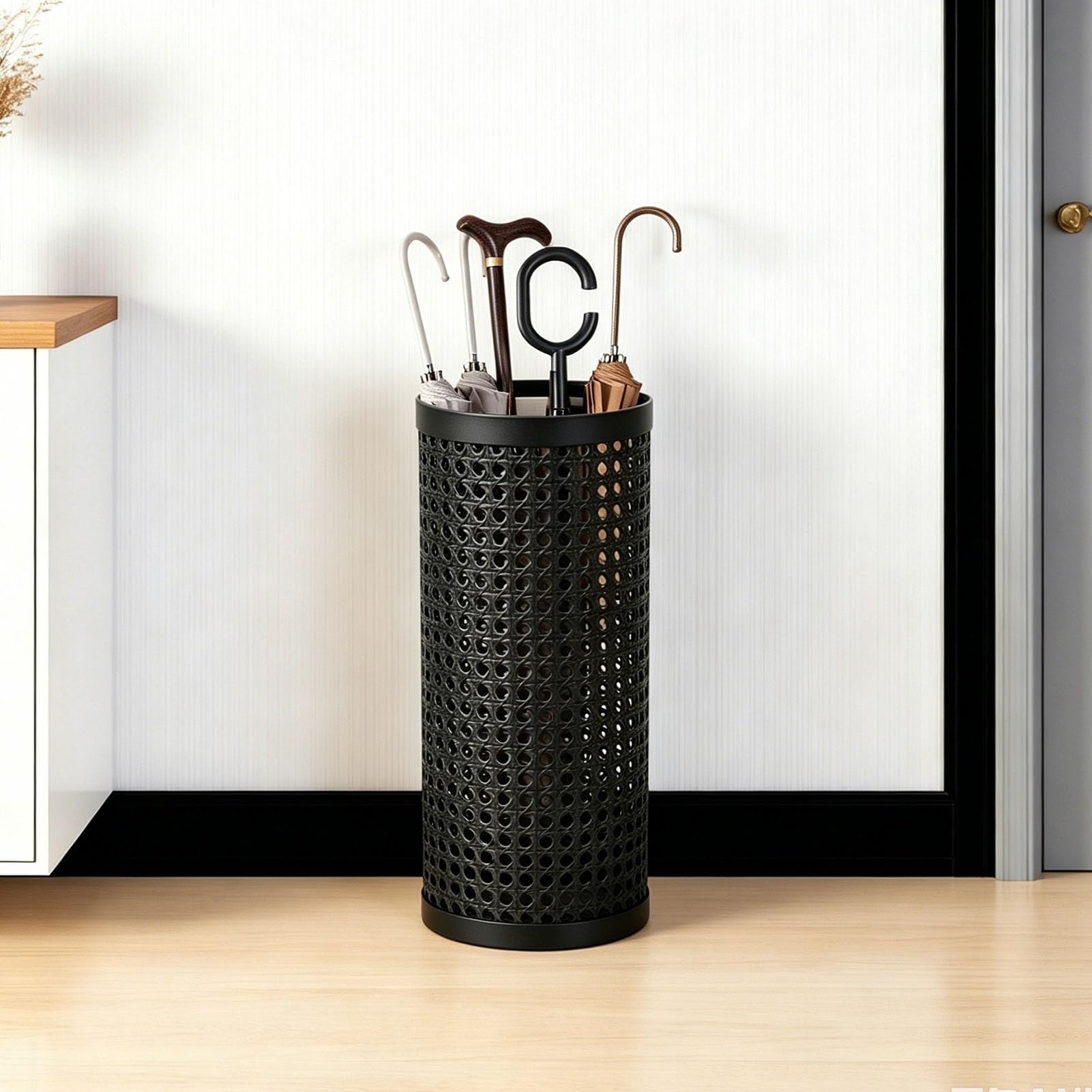 Hamankim Tall Round Umbrella Holder, Freestanding Metal Umbrella Rack for Entryway Hallway Apartment Boho Decor, Hollow Imitation Rattan Compact Vertical Umbrella Bucket(Black)