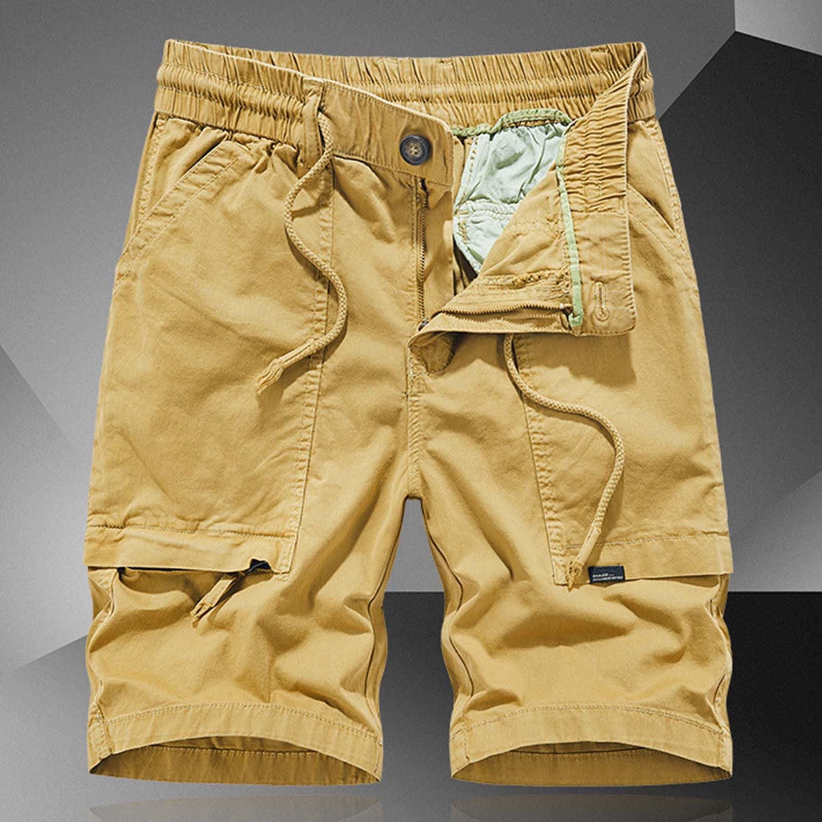 Cargo Shorts for Man Waterproof Stretch Drawstring Relaxed Fit Work Hiking Pants Zipper Camping Shorts with Pockets Yellow 31