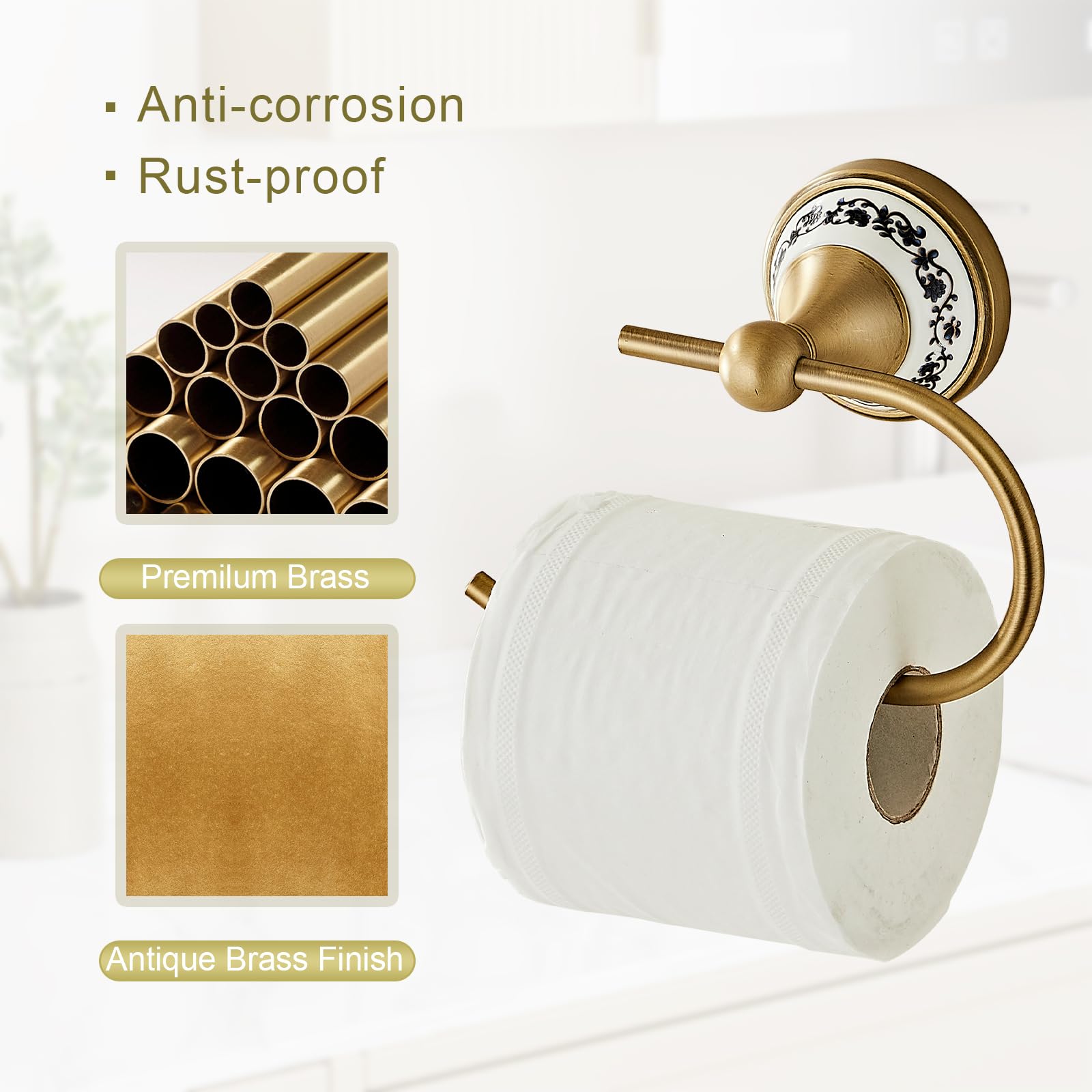 3er-Set Badezimmer-Accessoires mit Porzellan Antik Messing, Toilettenpapierhalter, Handtuchring & Doppel-Haken, Vintage Set für Bad & WC