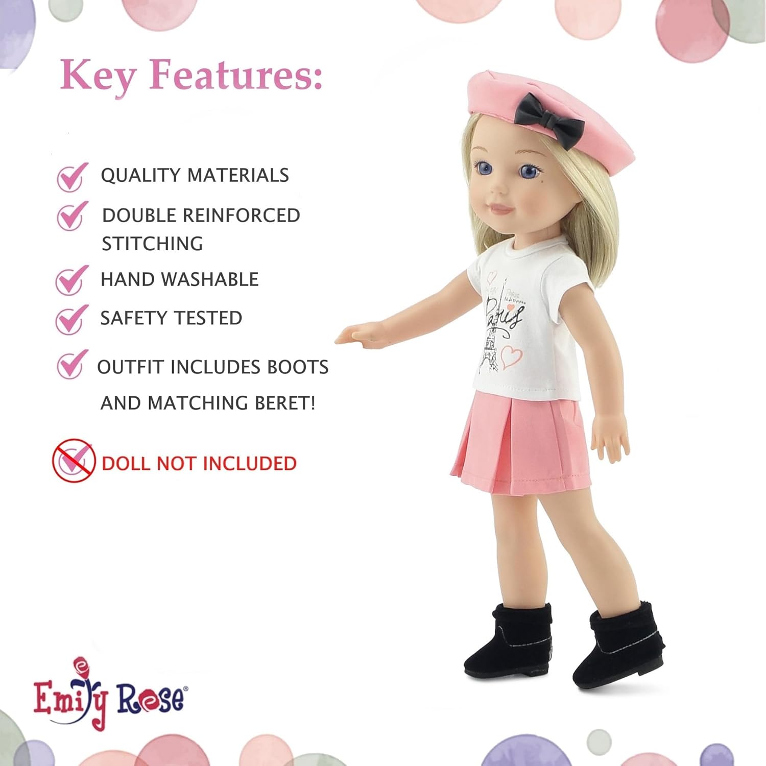 Emily Rose 14" Doll Parisian Outfit 5-PC - Pink Skirt, Paris Tee, Beret & Boots | Glitter Girls and Wellie Wishers Compatible | Gift Boxed | USA Brand