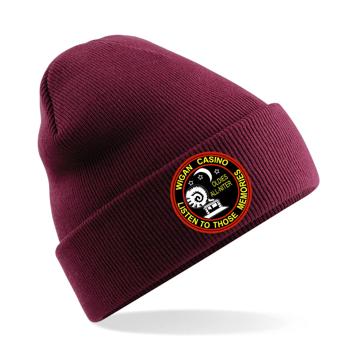 PSave Wigan Casino Share Those Memories Oldies All-Niter Northern Soul Keep The Faith Casual Mod Mens Premium Embroidered Beanie Hat, Bob Hat (Claret)
