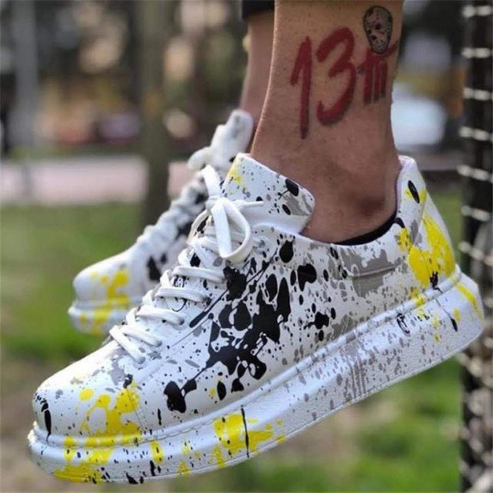 BAQE Spring new women's sneakers fashion women's sneakers round toe lace couple graffiti print platform shoes large size-black,40