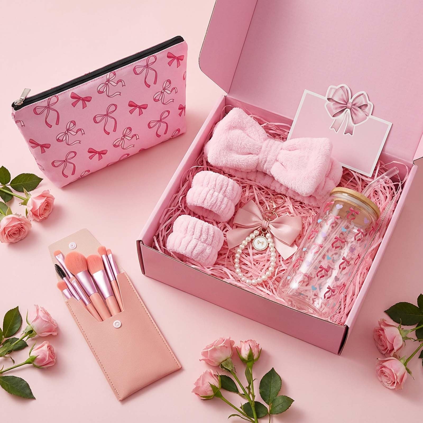 Cadeaux pour Filles de 9 10 11 12 13 14 15 16 Ans,Coffret Cadeau Femme,Anniversaire Fille Trousse, Verre, Pinceaux Maquillage Bandeau, Carte