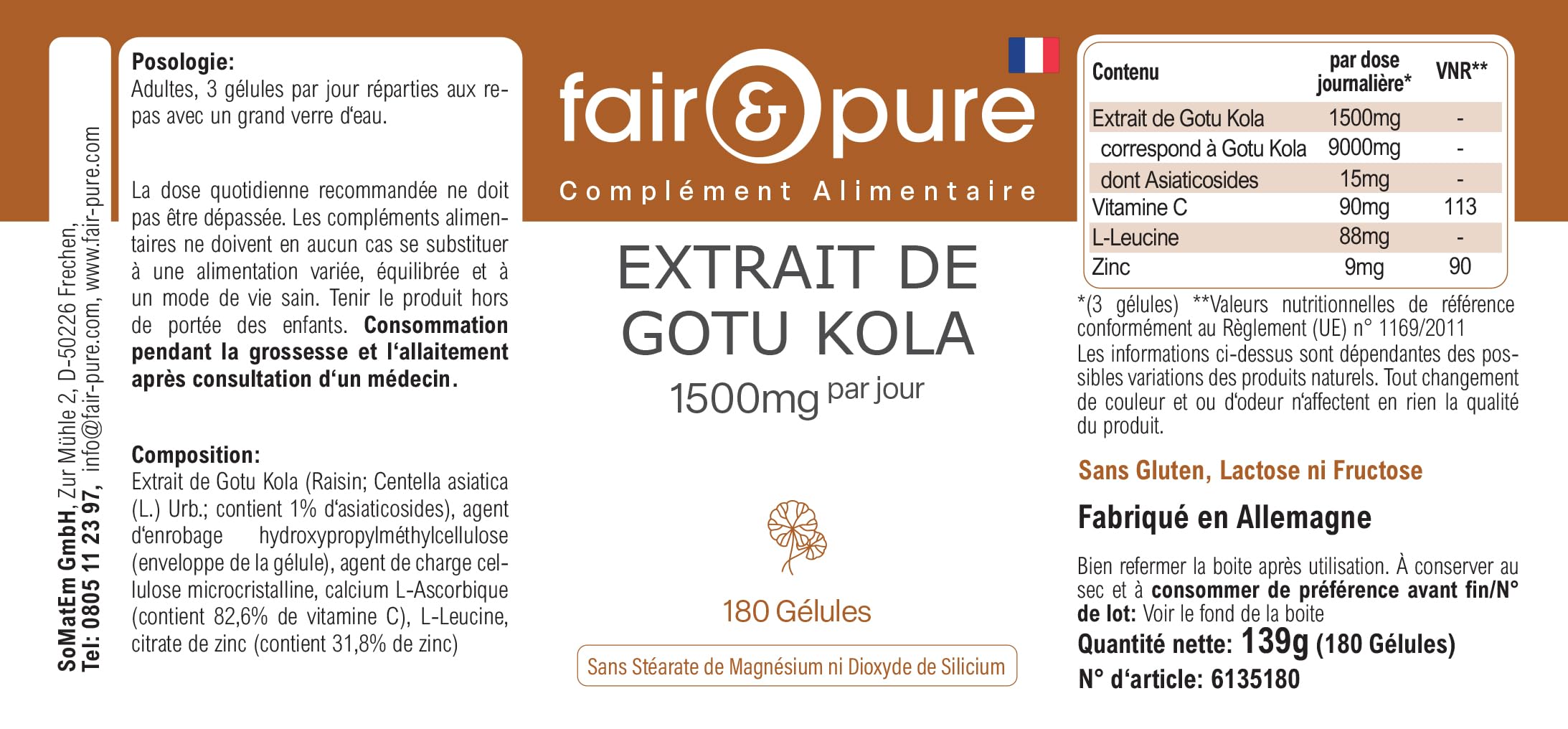 Fair & Pure® - Estratto di Centella asiatica 1500mg - 180 capsule - Centella asiatica - con vitamina C e zinco - vegano - altamente dosato