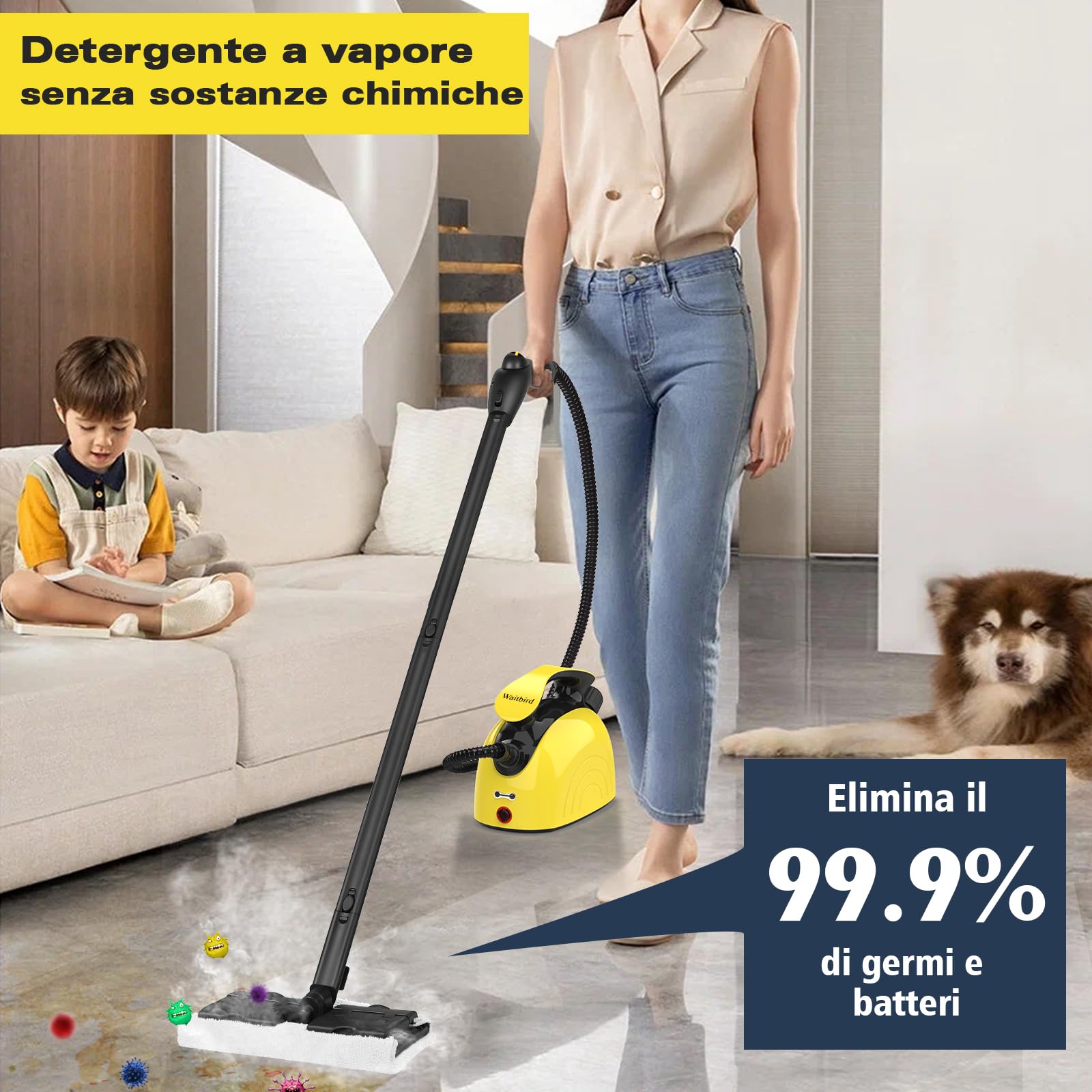 Waitbird Pulitore a vapore multiuso, pulitore a vapore per tutti gli accessori da 21 pezzi, pulitore a vapore portatile e tracolla, pulito, mobili imbottiti, divani, piastrelle, pavimento, finestre,