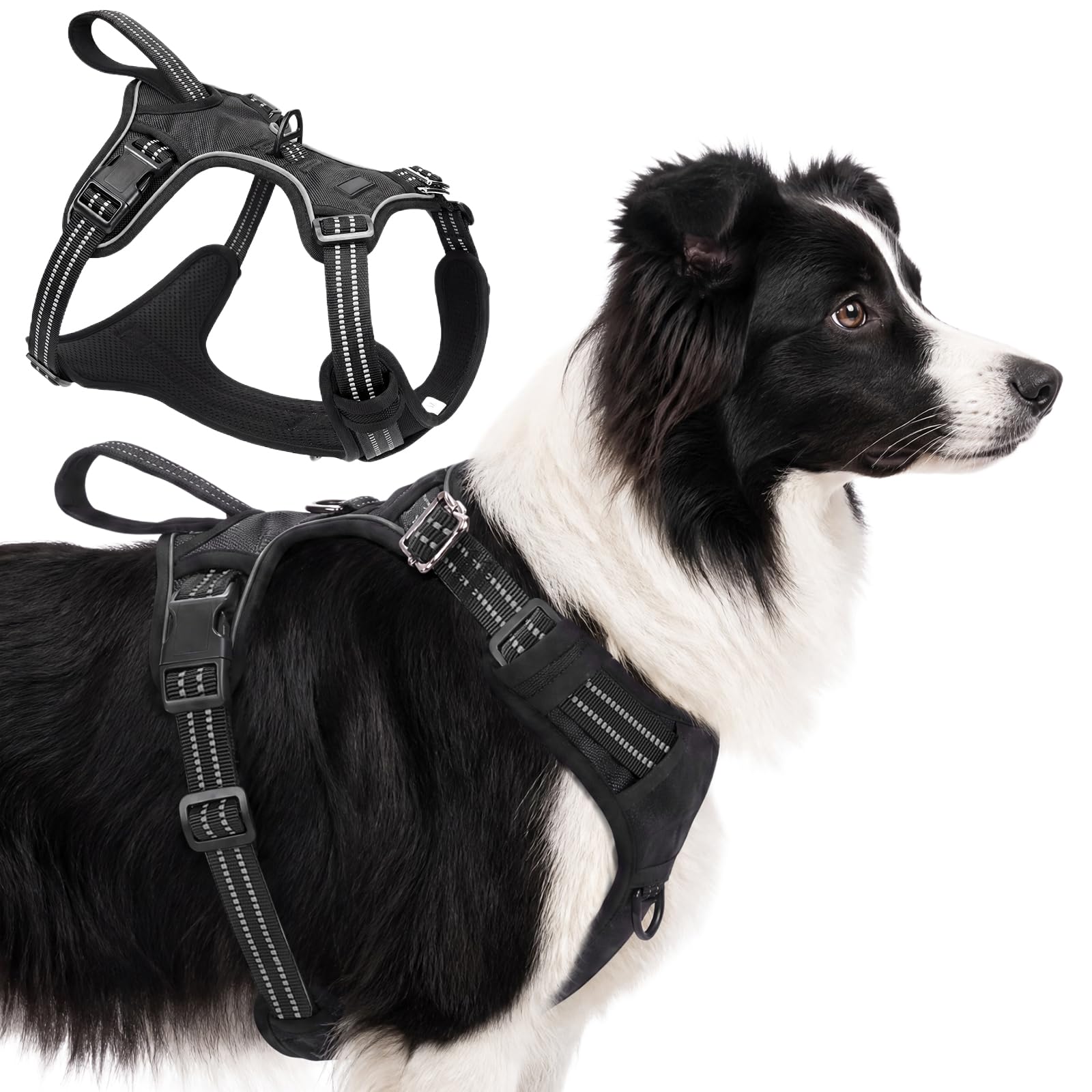 Olcyren No Pull Dog Harness with Neck Release Buckle, Anti Pull Adjustable Padded Dog Harness, Reflective No-Choke Pet Vest Harness with Handle and Front Clip for Small Medium Large Dogs (Black, L)