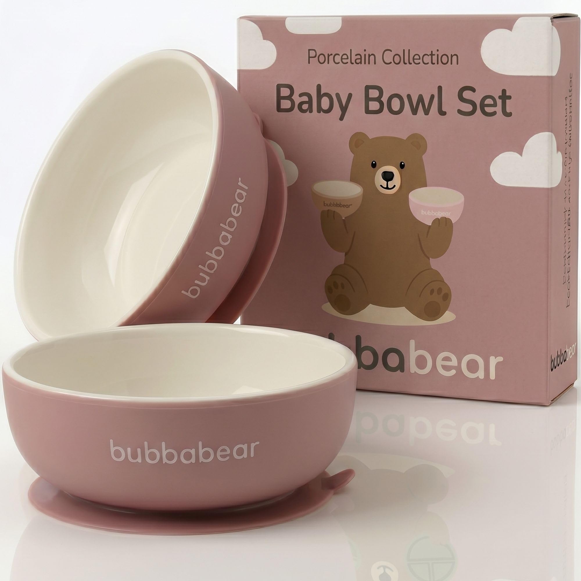 Bubba Bear Baby Porcelain Bowl Set for Weaning | 2 Suction Bowls Sets for Feeding Babies | Toddler Stay Put Food Dishes Kit | Non Slip Silicone Sleeve for Toddlers & Kids