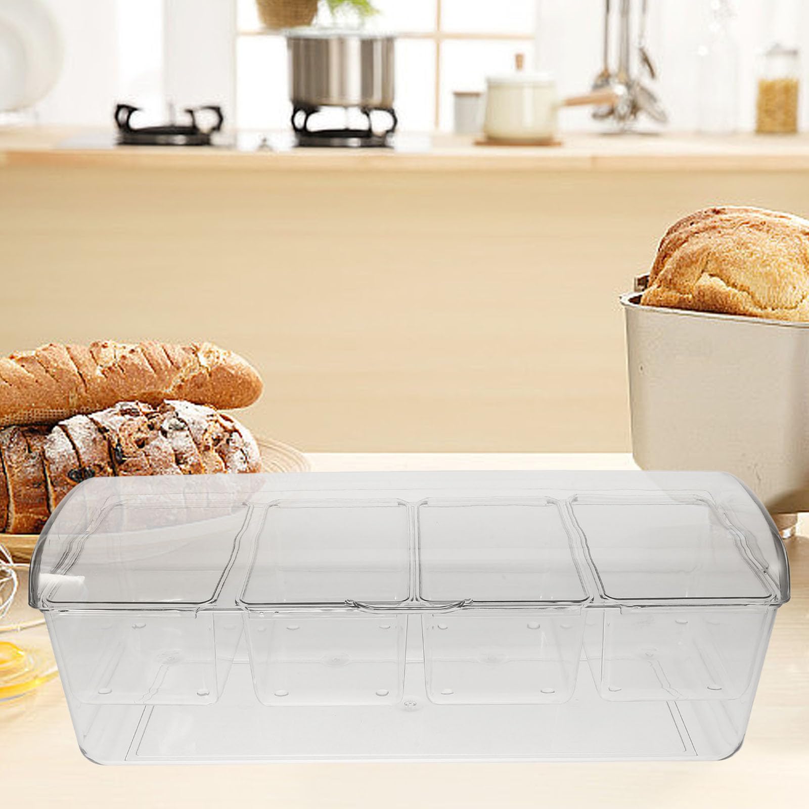 Housoutil Contenitore per Insalata Refrigerato Trasparente con 4 Scomparti Separati, Set Portacondimenti con Coperchio in Plastica, Organizer Alimenti per Picnic, Barbecue e Riunioni