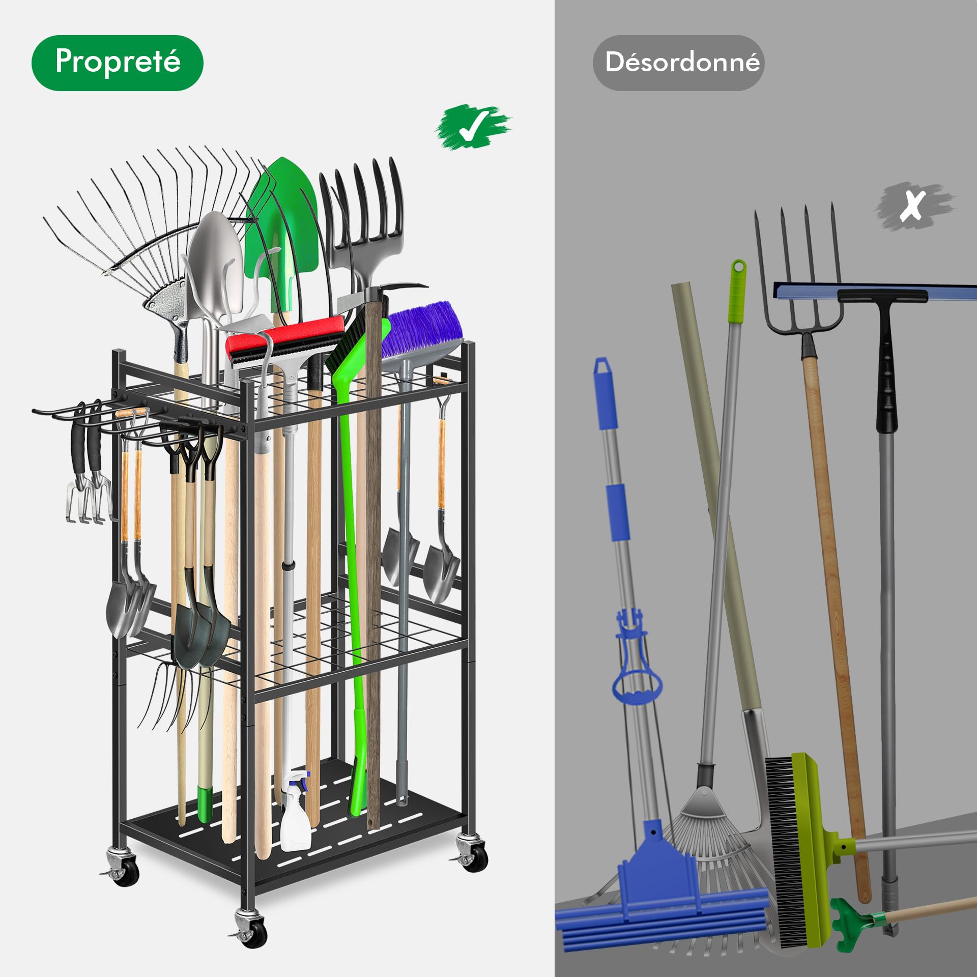 Mimoke Étagère à outils de jardin avec crochets mobiles et roulettes verrouillables – Rangement facile des accessoires d'outils dans le jardin, le garage grâce aux roues pivotantes à 360°
