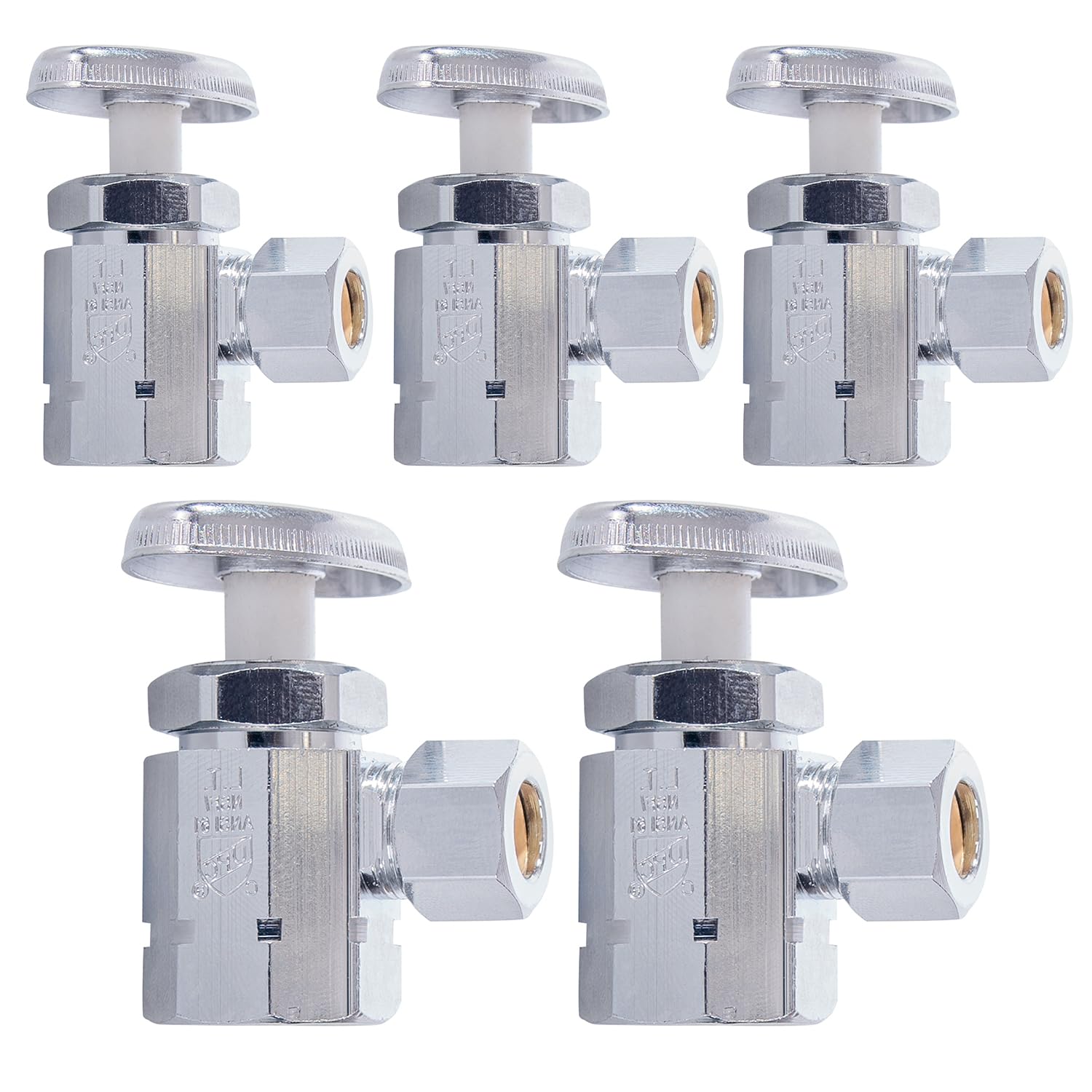 Midline Valve 71112QS-OM-5 Water Supply Stop Valve with Multi-Turn Wheel; Angle Shut-off for Toilet, Sink, Dishwasher, Heater; 1/2'' FIP x 3/8'' Compression; Chrome Plated Brass (5 PK)