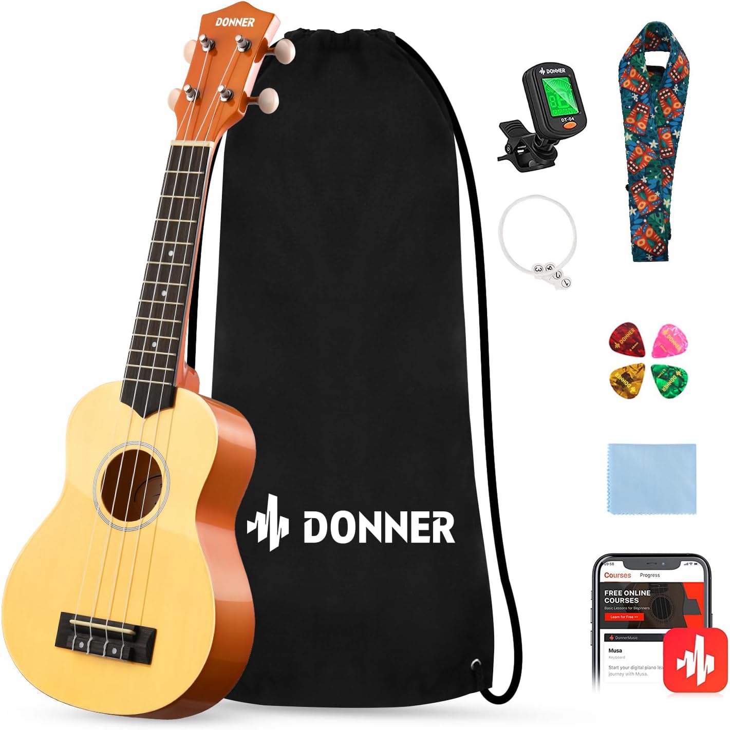 Donner Soprano Ukulele for Beginners 21 Inch Ukelele Starter Bundle Kit with Free Online Lessons Bag Strap String Tuner Picks Cloth Ukalalee Yukalalee (Natural) Natural Rainbow
