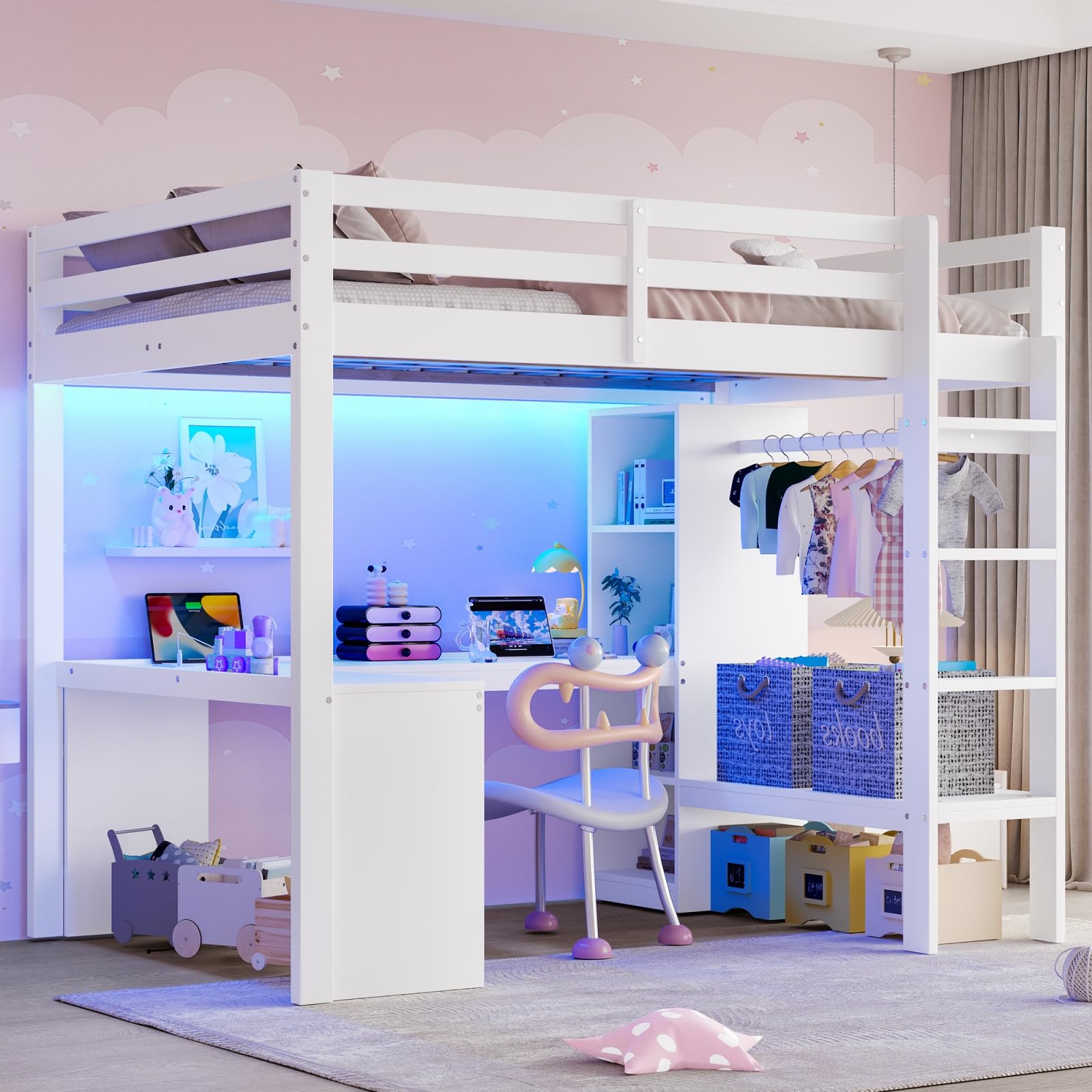 Sweiko Lit Mezzanine en Pin 90x200 cm avec Bureau Intégré, LED et USB