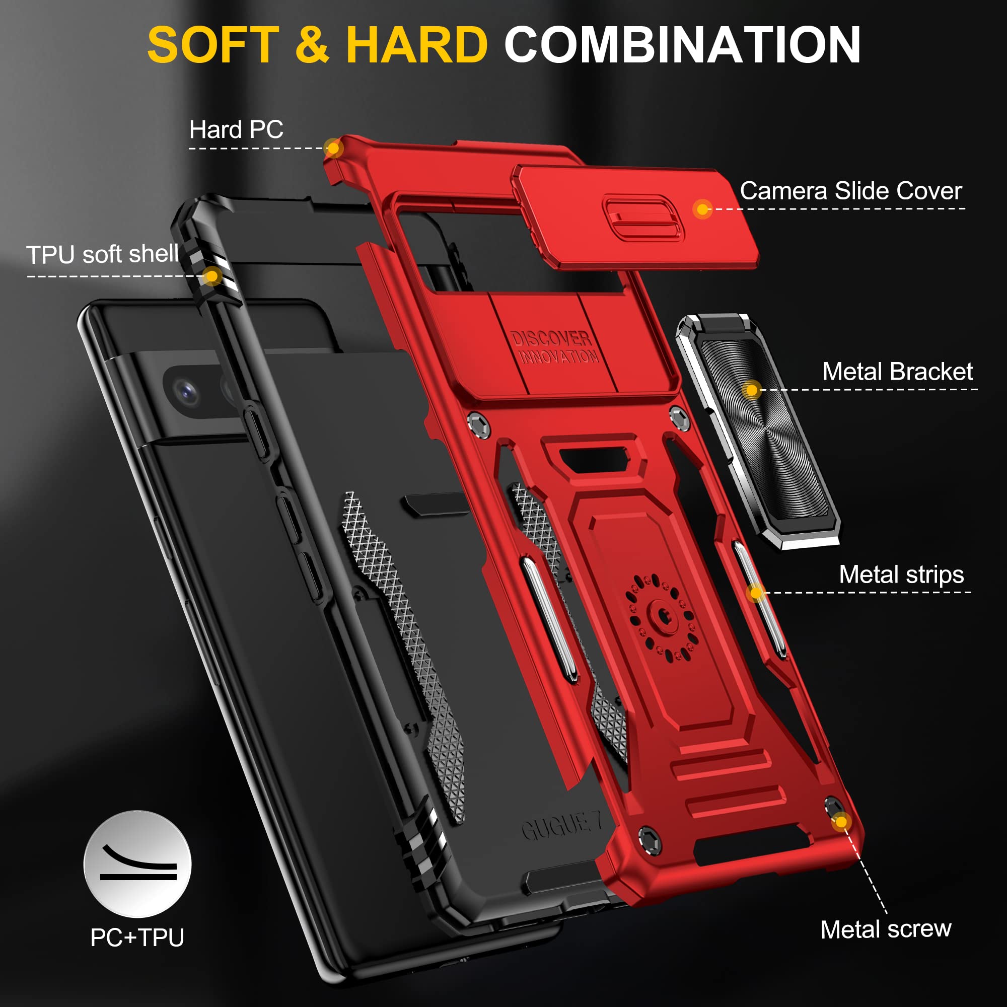 Custodia Jshru Per Google Pixel 7 Con Anello Porta Carta E Supporto – Protezione Militare Antiurto, Antigraffio, Con Pellicola HD Inclusa, Rosso - 3