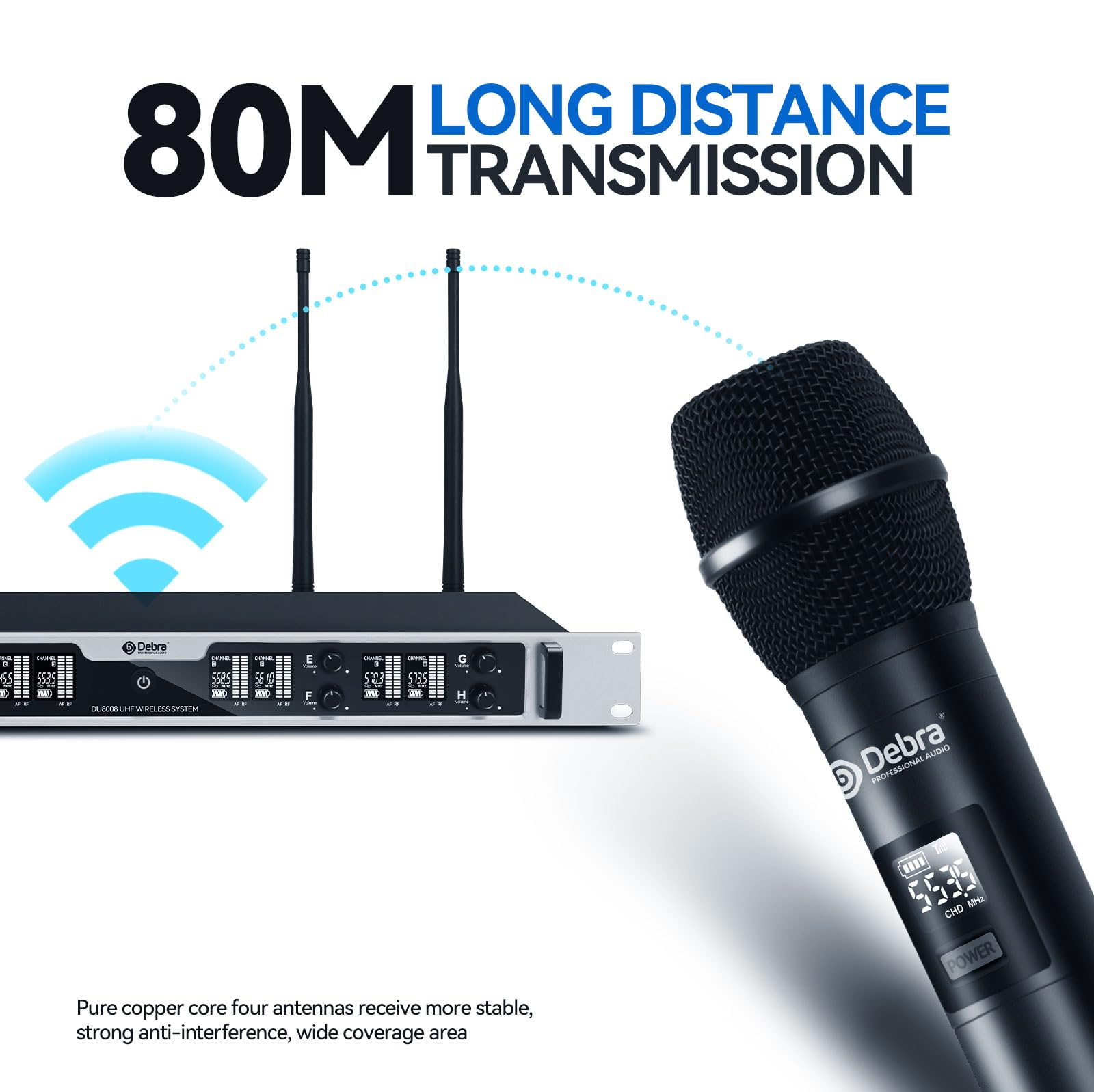 D Debra DU8008 Set Microfoni Wireless UHF - 8 Microfoni a gooseneck, Plug & Play, Frequenza Regolabile, Portata 80m, Ideale per Karaoke/Conferenze/Canto/Palco