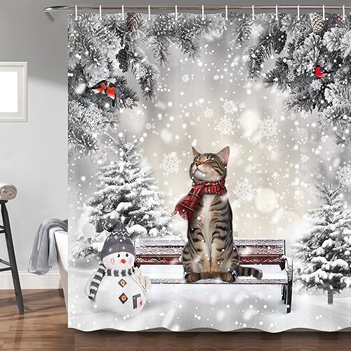 Cortina de ducha de Navidad de invierno, lindo gato, muñeco de nieve, copo de nieve, cortinas de ducha para baño, juego de cortinas de baño de tela