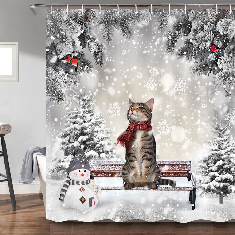 BOARDFEB Christmas Shower Curtain, Red Winter Xmas Tree Snowman Merry Christmas Shower Curtains For Bathroom Decor Washable Durable Fabric Holiday New Year Shower Curtain With Hooks 72x72 Inch
