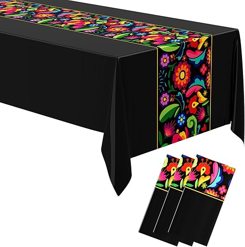 Miniatura 7 de Oudain 6 caminos de mesa mexicanos de 108 x 54 pulgadas, coloridos desechables, para fiestas, mantel mexicano, impermeable, de plástico, a rayas,