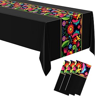 Oudain 3 Pcs Fiesta Tablecloth 108 x 54 Inch Plastic Tablecover Mexican Waterproof Tablecloth Disposable Table Cover for Taco Night Festive Mexican Fiesta Wedding Party Decoration (Black)