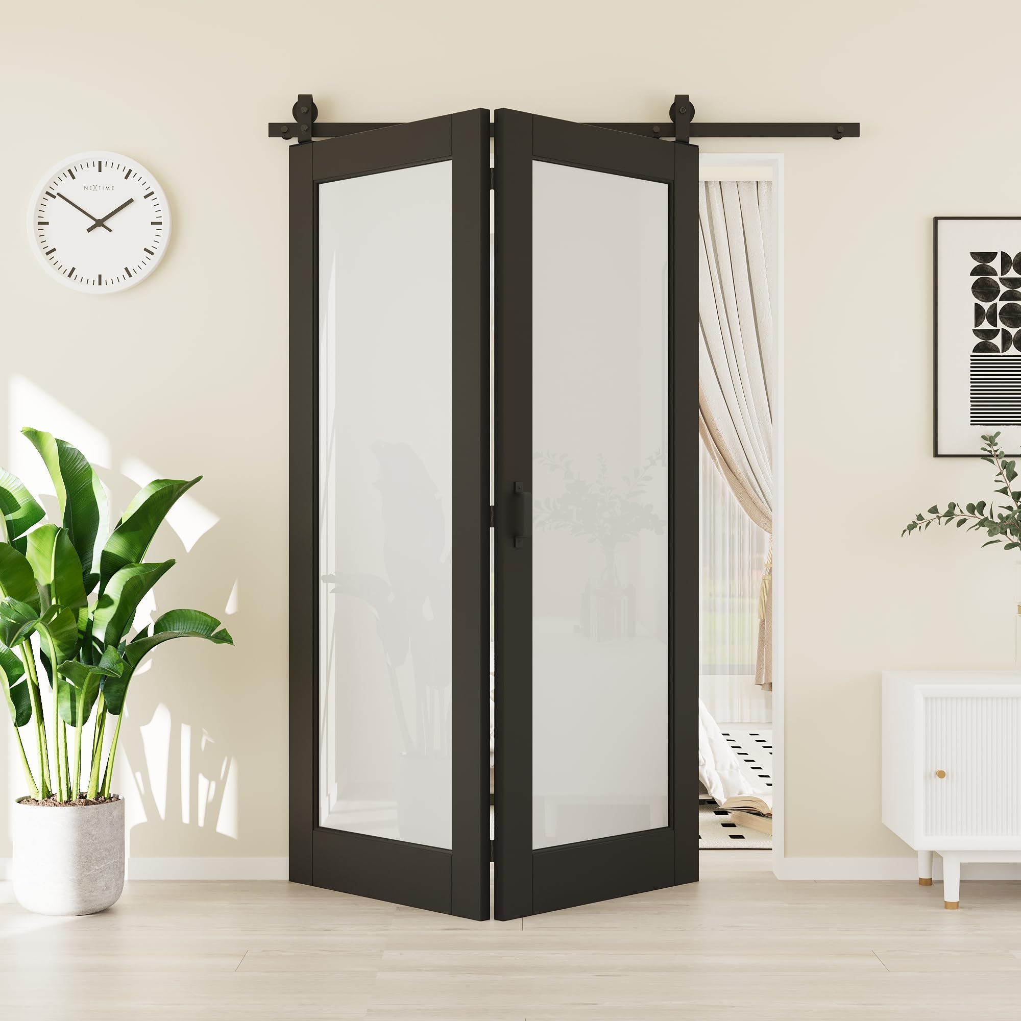 48"(24" x 2) x 80" 1-Lite Tempered Frosted Glass Black Bifold Barn Door