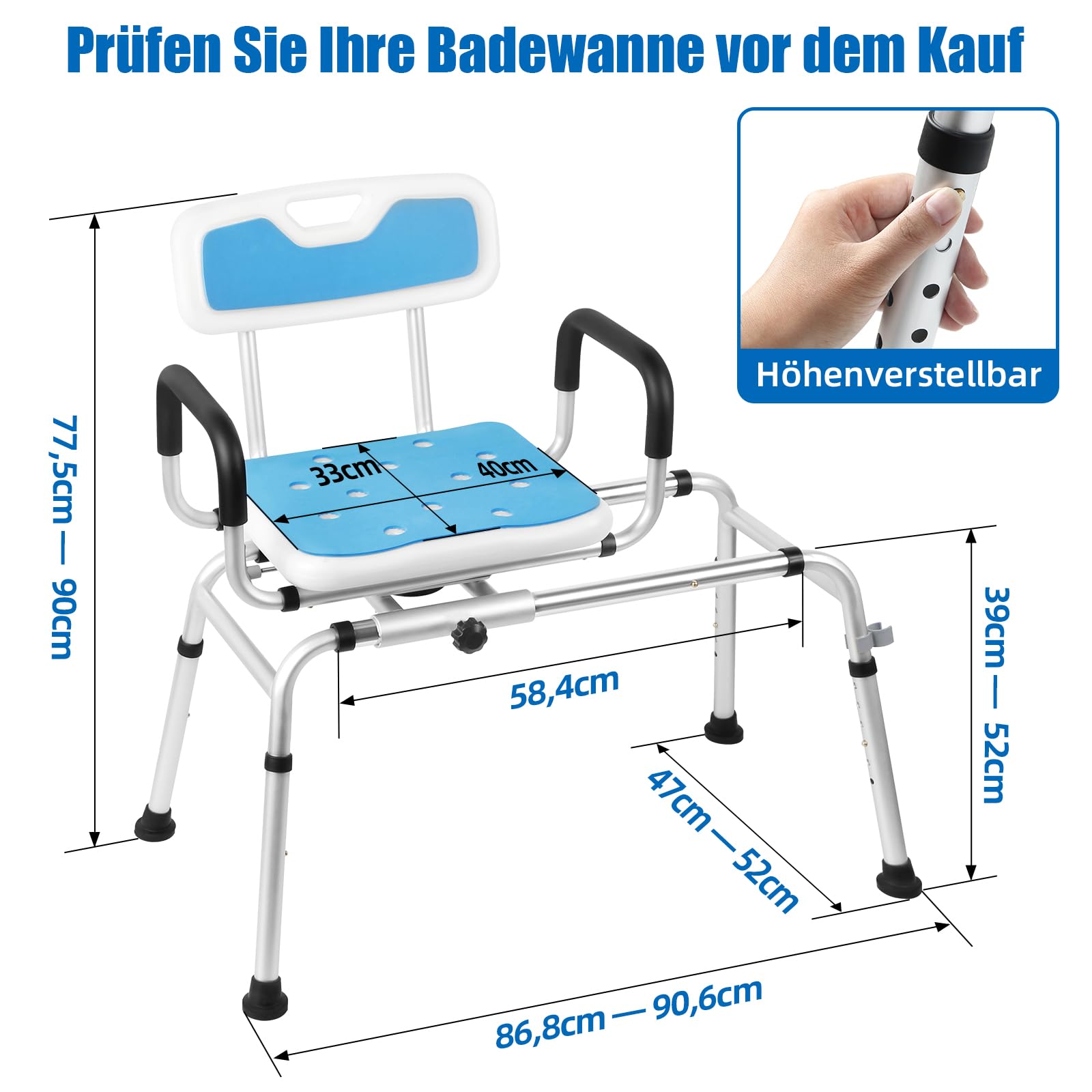 Taburete de ducha giratorio y deslizante 360° para personas mayores, taburete de ducha y banco de transferencia de bañera con asiento giratorio y función deslizante, altura ajustable, reposabrazos