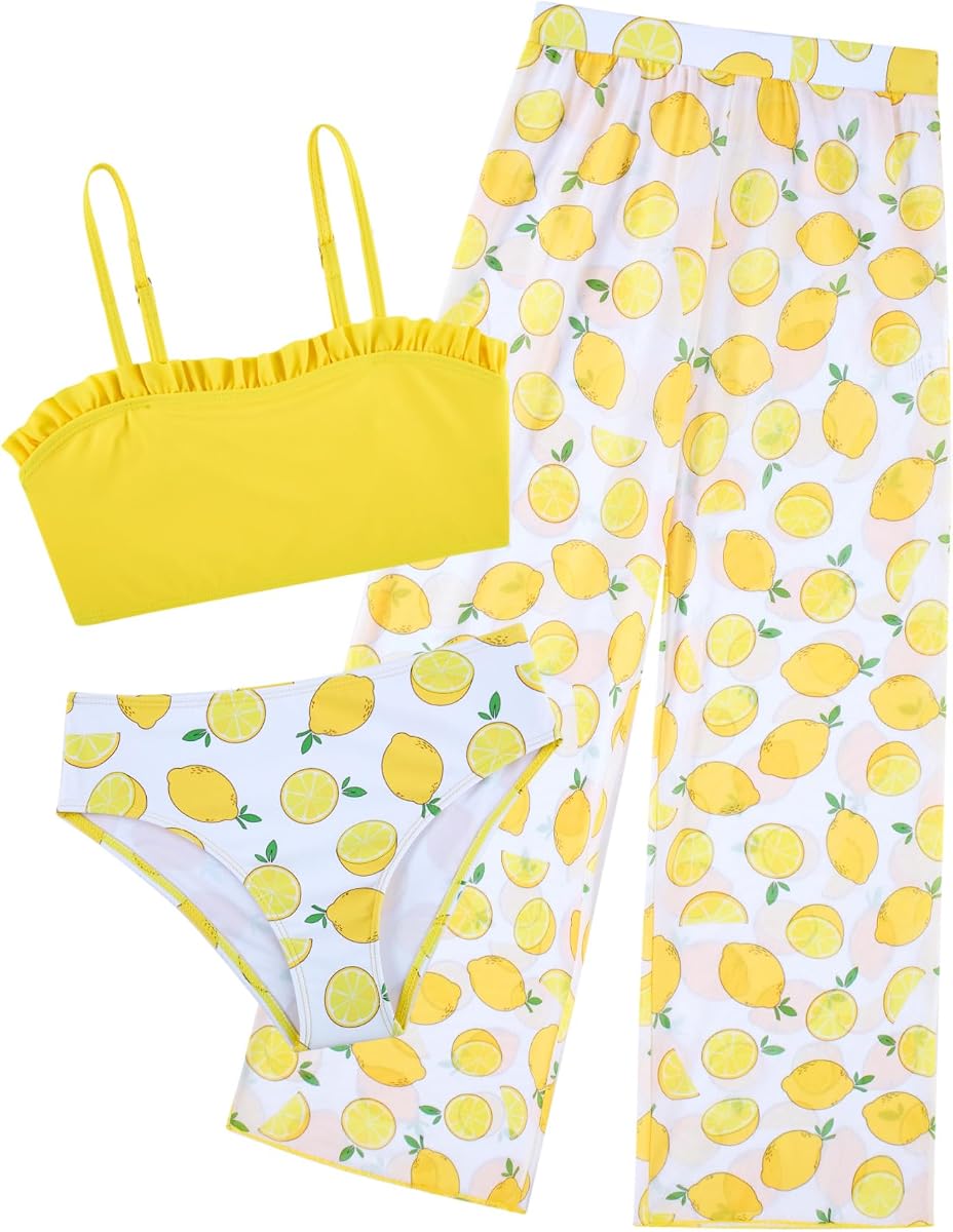 6-16T Traje de baño de bikini de 3 piezas para niñas con pantalones protectores contra erupciones Conjuntos de encubrimiento de traje de baño de secado rápido